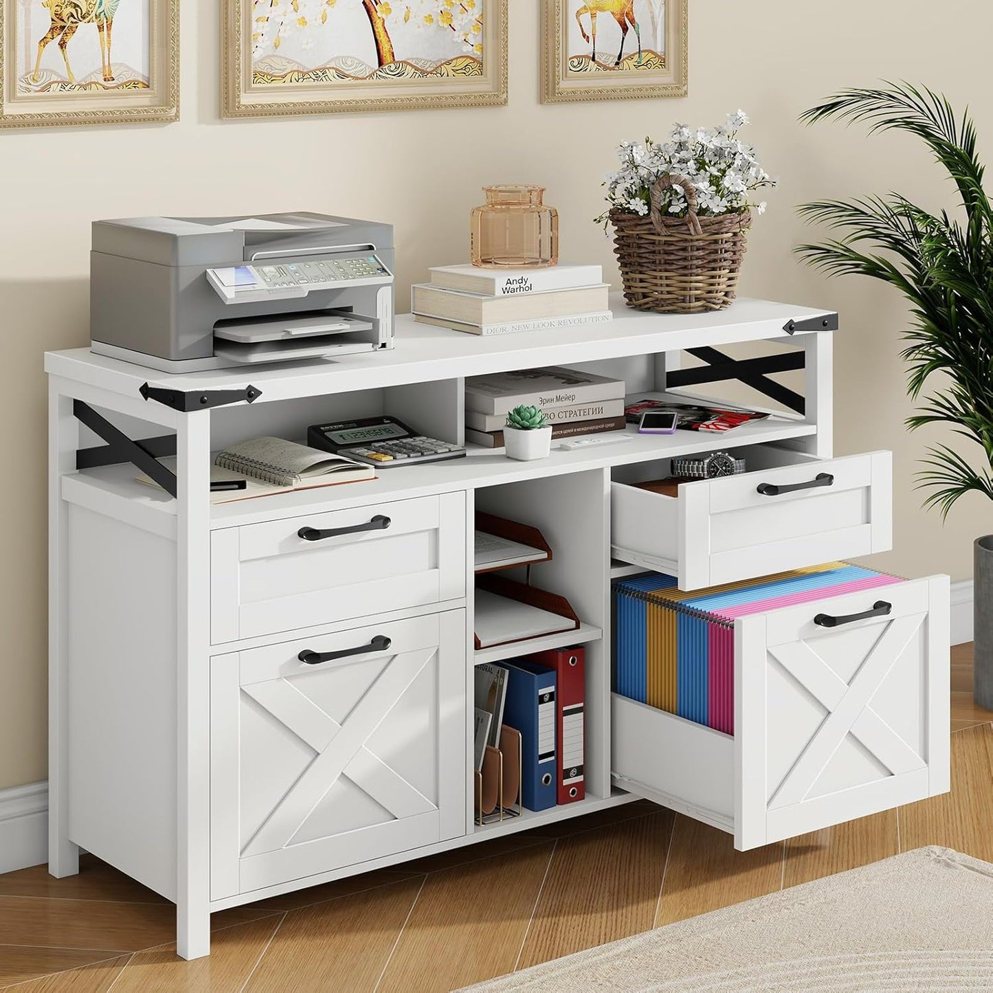 Farmhouse Filing Cabinet with Adjustable Shelf for Home Office, Lateral File Cabinets 4 Drawers with Open Storage Shelf, Filing Organization Storage Cabinets for Hanging Files Letter/A4.(White)