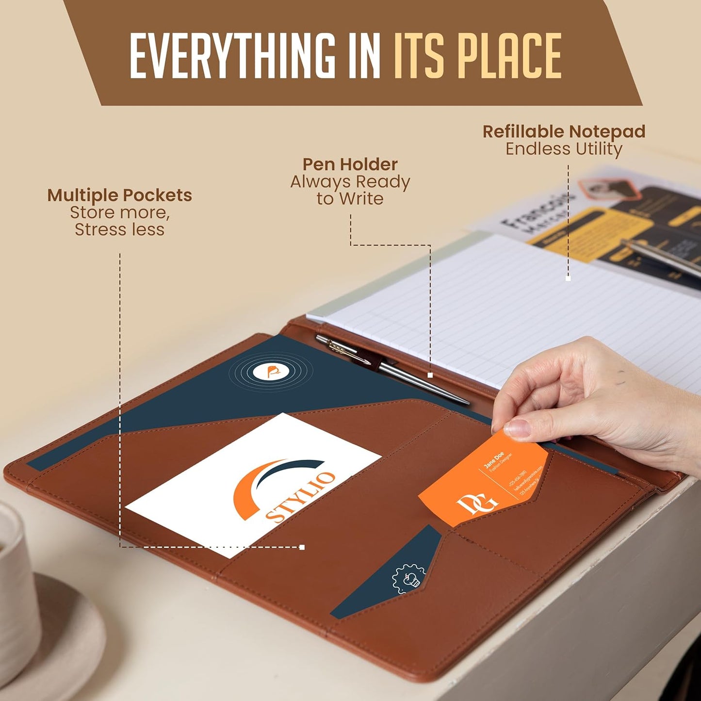 STYLIO Padfolio Portfolio Organizer Binder (Tan Color) | Interview Resume Folder, Document, Business Card Holder |w/Letter-Sized Notepad | Handsome Brown Faux Leather Folio Matte Finish