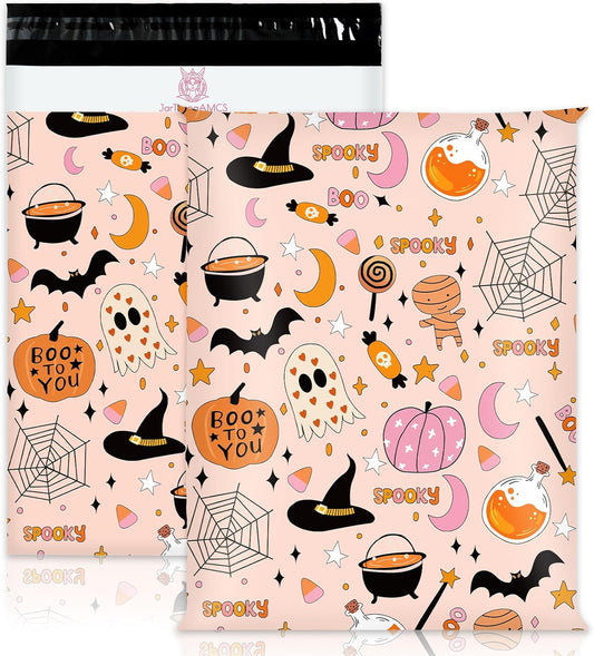 100Pcs Halloween Poly Mailers 10 x 13 Inch Pink Cartoon Spooky Pumpkin Spiderweb Packaging Bags Self Seal Mailing Envelope Bags for Small Business Clothing