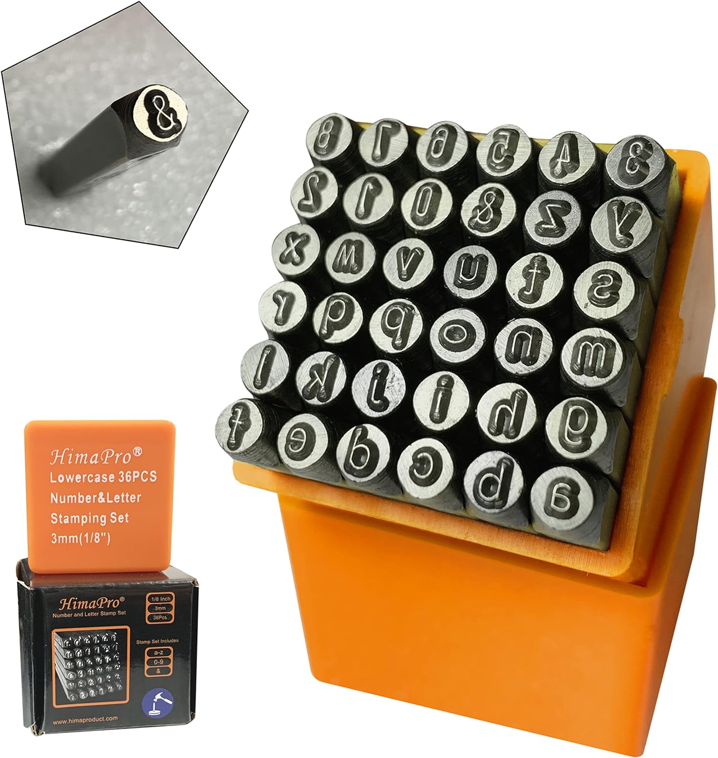 HimaPro Number and Letter Stamp Set 36 PCs Lowercase Industrial Grade Letters 'a'-'z', '&', '0'-'9' in a Plastic Box (3mm - 1/8 Inch)
