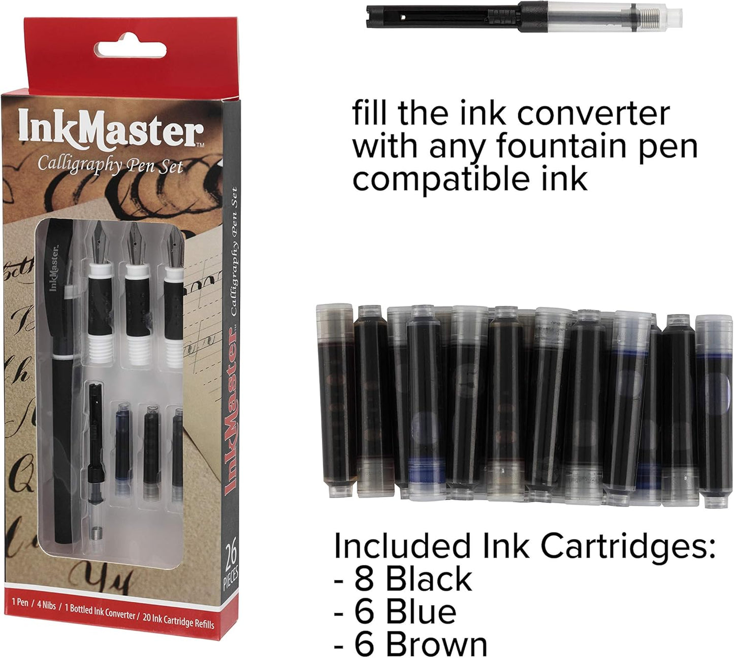 Ink Master Calligraphy Set Fountain Pens 4 Different Size Nibs and 20 Assorted Ink Cartridges Plus One Bottled Converter - Complete Easy Learning Kit for Beginners