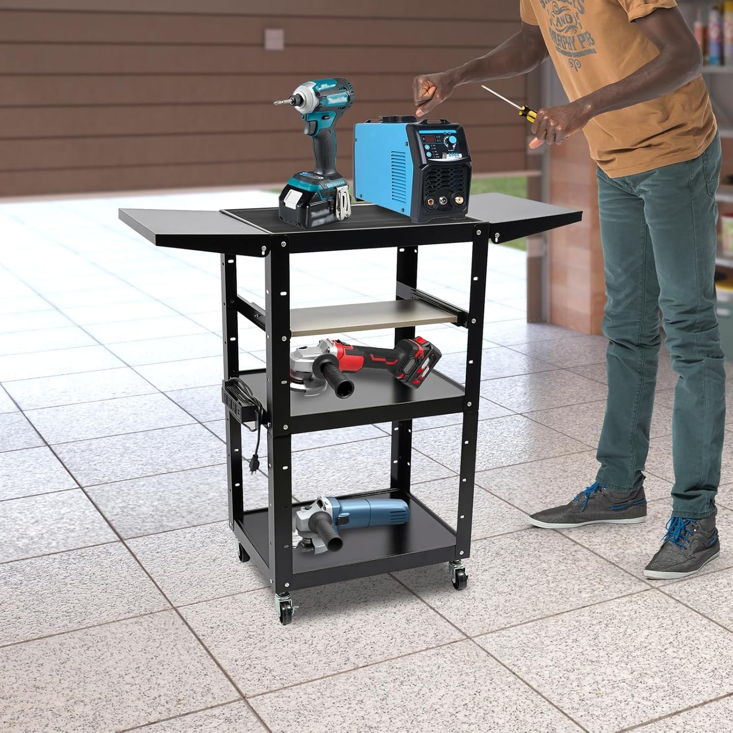 Black Steel AV Cart with Wheels & Power Strip Height Adjustable Rolling Computer Cart w/Folding Drop Leaves Media Cart Projector Cart, 300 LBs, 24 * 18 * 41.75in