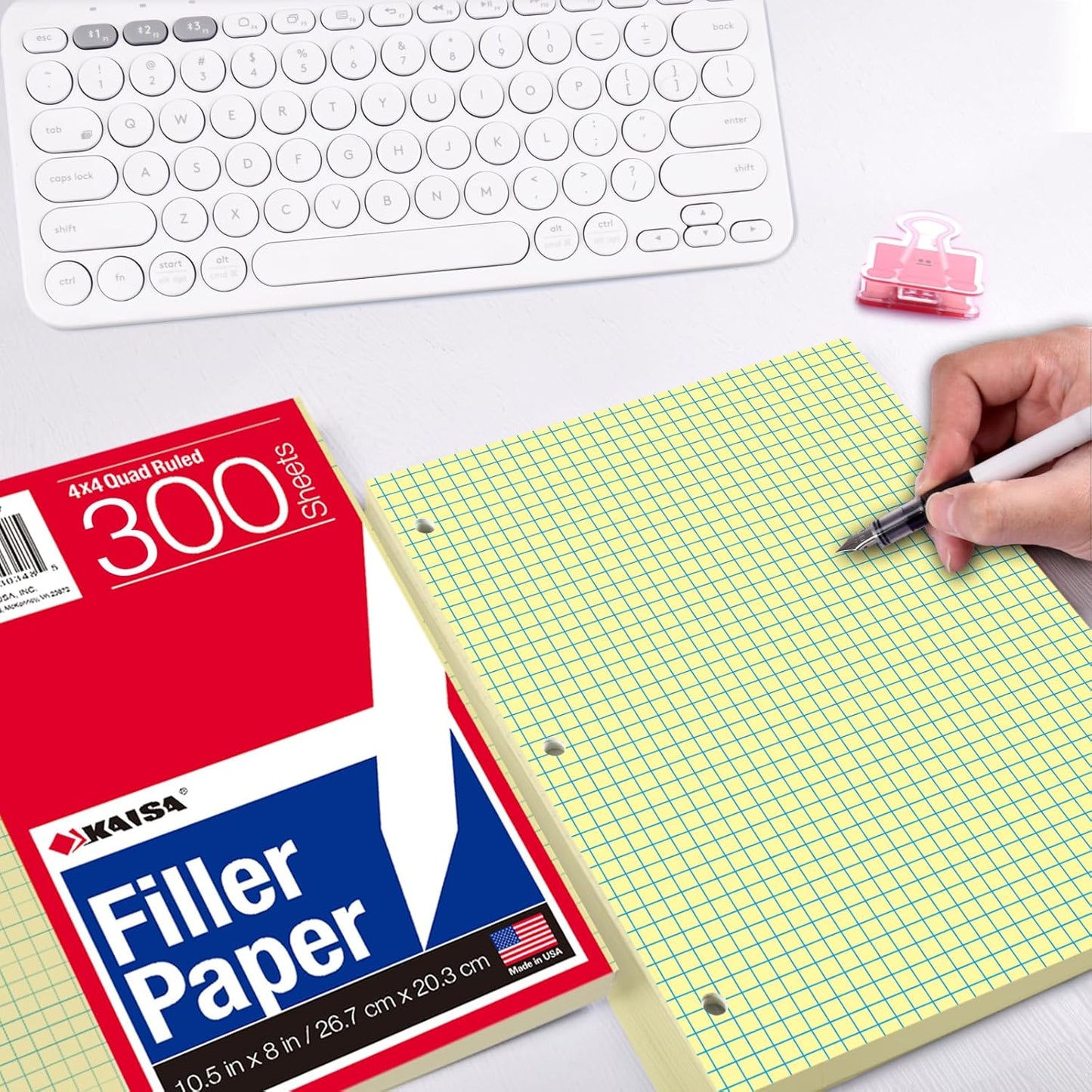 KAISA Loose Leaf Notebook Paper, 4x4 Quad Graph Ruled, 300 Sheets Per Lined Paper, 8" x 10.5", 3 Hole Punched for 3 Ring Binder, Canary, Made In USA