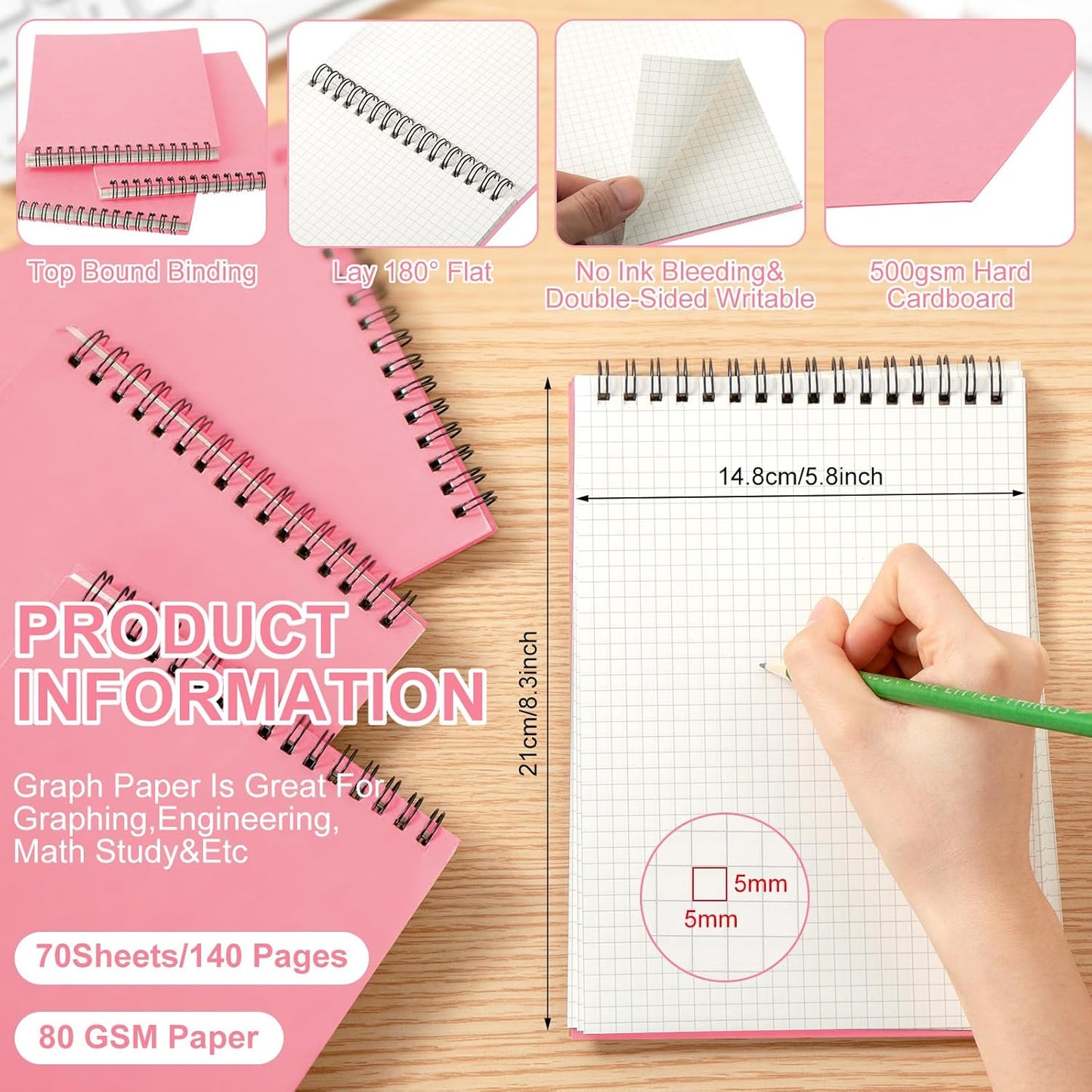 2 Pack Graph Paper Spiral Notepad A5 Top Wirebound Notepad Grid Notebook Steno Pads Memo Notebook Grid Paper 140 Pages for Writing Sketching Drawing Office Supplies (Pink)
