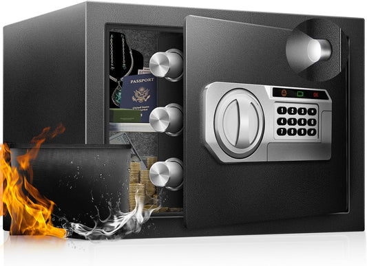 1.5 Cu Ft Home Document Safe Box–Steel Electronic Digital Lock Box with External Battery Compartment & Backup Key, Letter-Size Fit, LED Light, Fusion-Bonded Needle-Felt Lining & Fireproof Bag