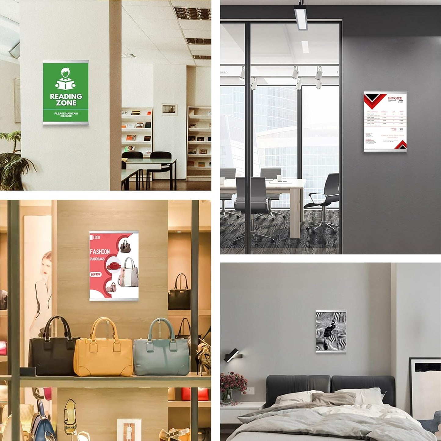 Acrylic Magnetic Sign Holder, Easy-Opening 8.5 x 11 Wall Mount Display Frames, Self Adhesive Back Plastic Clear Document Holder, Silver Aluminium Strips Frame (8.5 x 11, 12Pack)