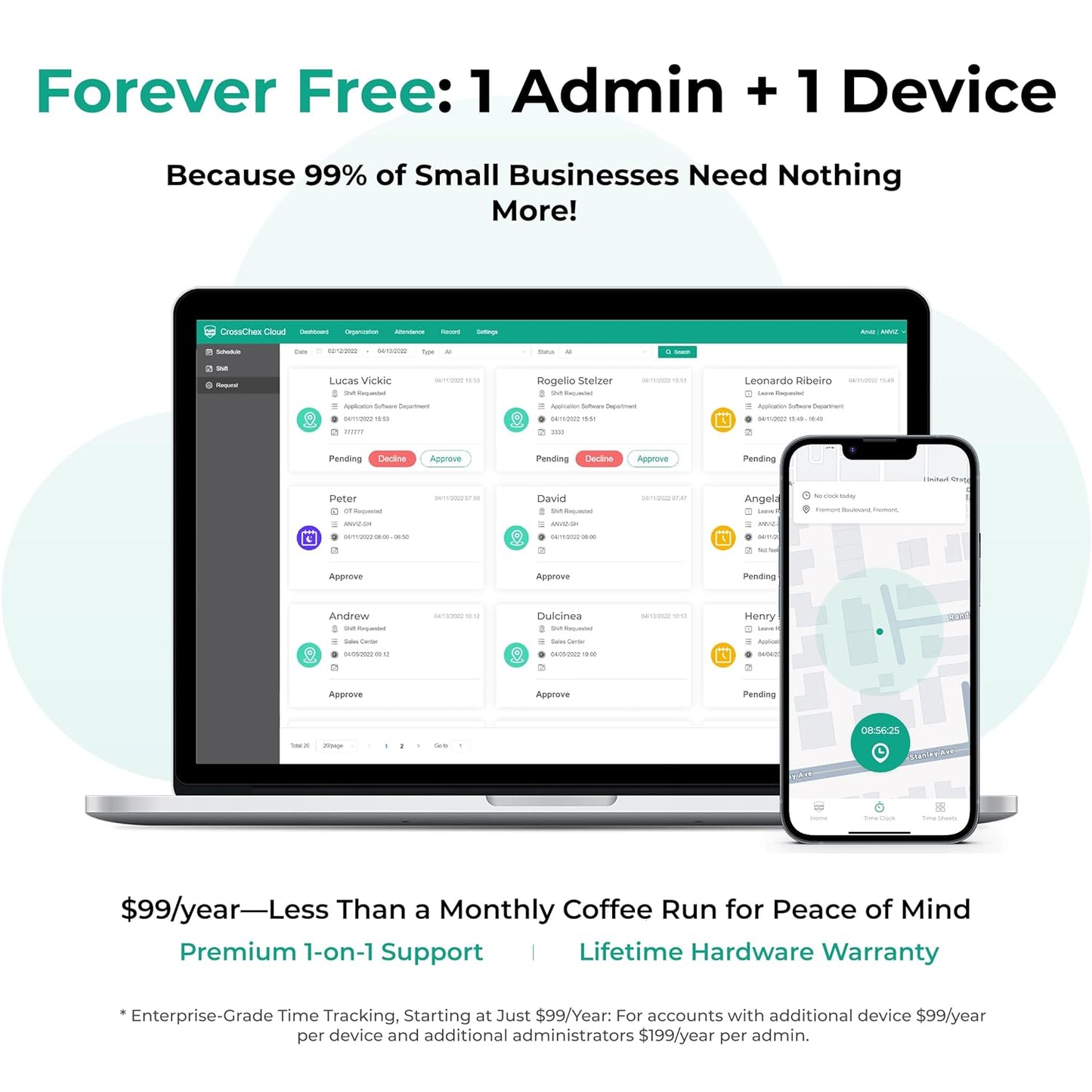 ANVIZ Time Clocks for Employees Small Business - CX2 Fingerprint Biometric Clock in and Out Machine - Forever Free Cloud Software, White