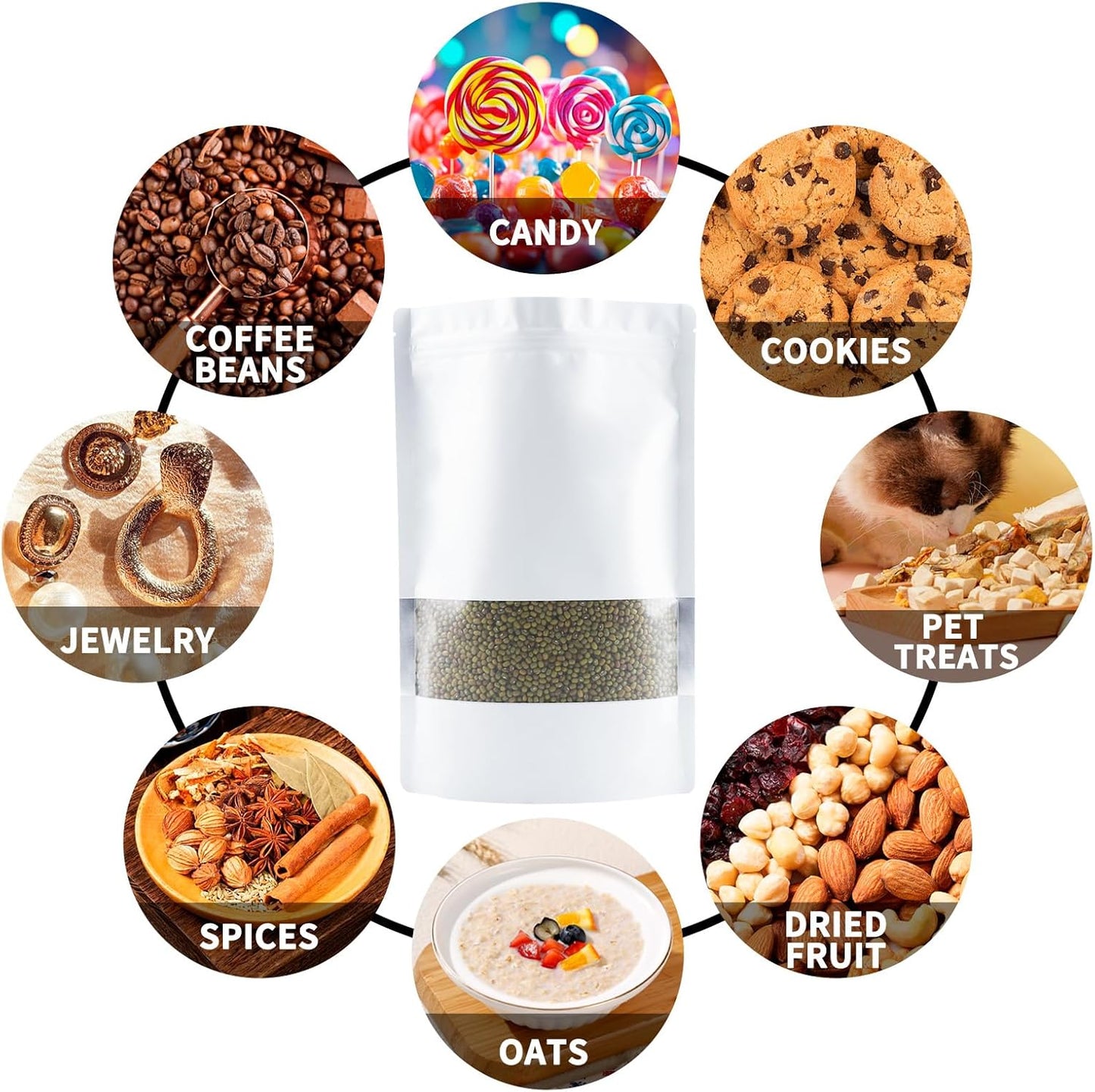 100 Pack Smell Proof Bags, Resealable White Mylar Bags with Matte Window, Foil Pouch Stand Up Sealable Bags for Packaging, 5.51 × 7.87 Inch