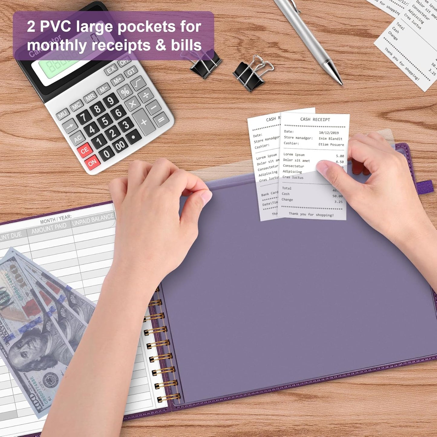 HAUTOCO Hardcover Bill Tracker Notebook Horizontal Monthly Bill Payment Organizer for Personal Budgeting Home Finance with 2 Storage Pocket Expense Checklist Tracking Planner 10.78 x 8'', Deep Purple