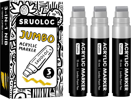 3 Jumbo Permanent Markers Silver, 15mm Thick Wide Tip, Large Acrylic Paint Markers for Rock Painting, Poster, Stone, Ceramic, Glass, Wood, Canvas