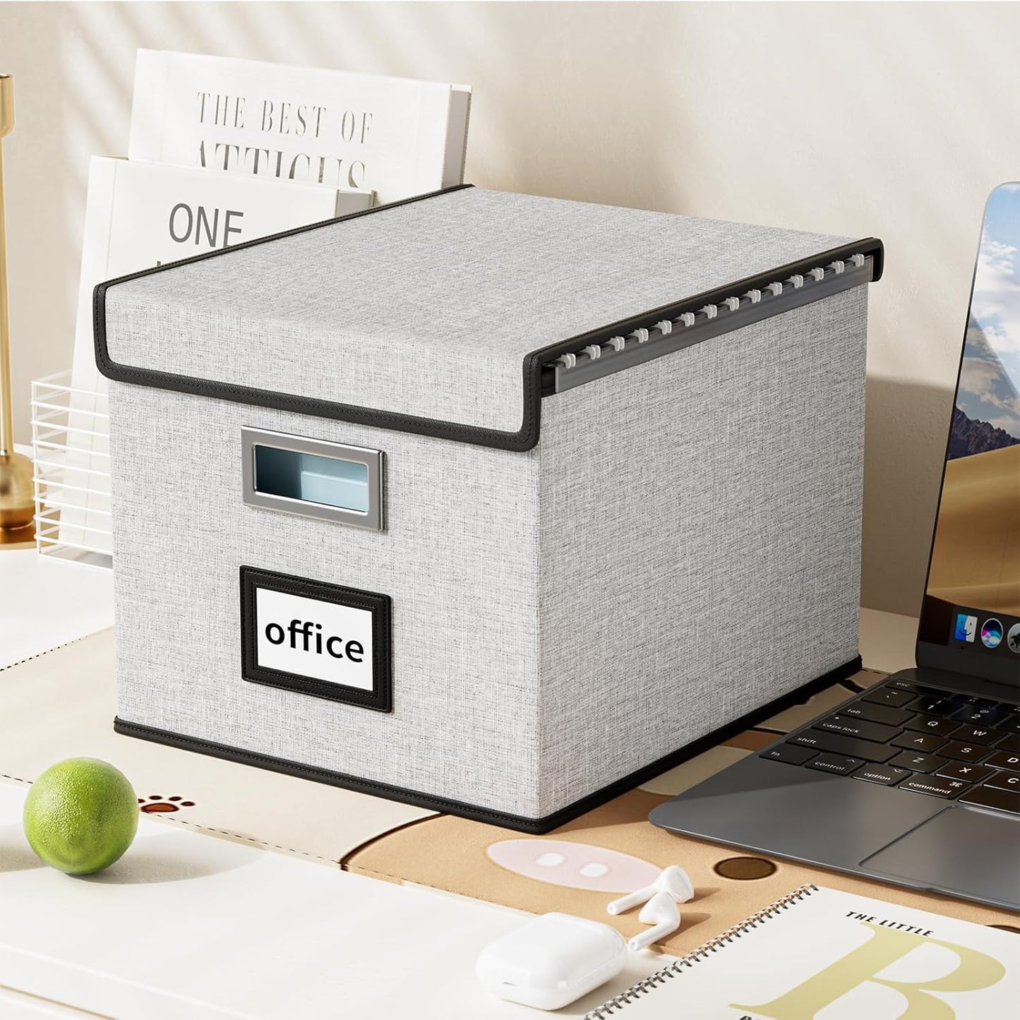 Huolewa Decorative File Storage Organizer Box with Lid, Portable Collapsible Linen Hanging Filing & Storage Boxes for Office/Decor/Home (White) - 14.9 x 12.7 x 10.8 inch - 1Pack