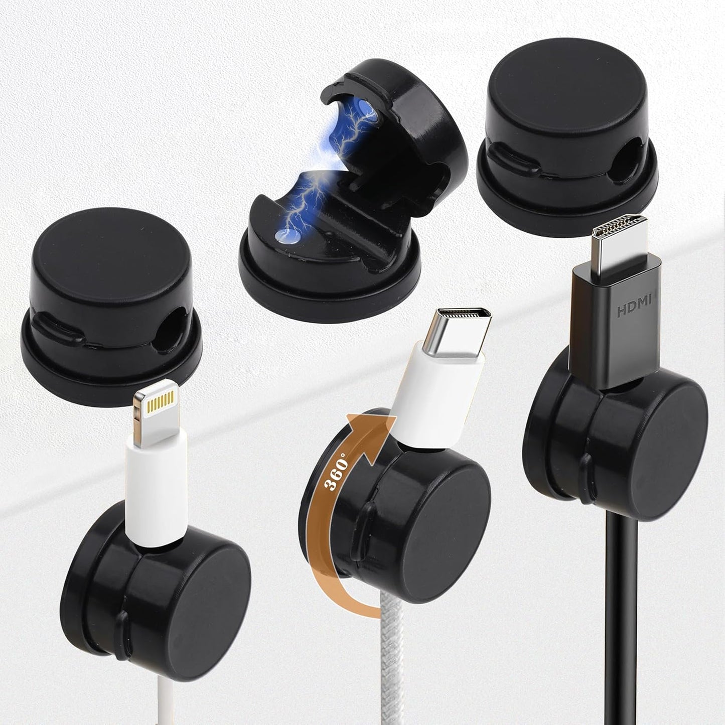 6 Pack Cable Management Clips[Upgrade Rotatable] Home Office Desk Cord Keeper Organizer Accessories Charger USB Wire Organizer Cord Holder for Nightstand (Black)