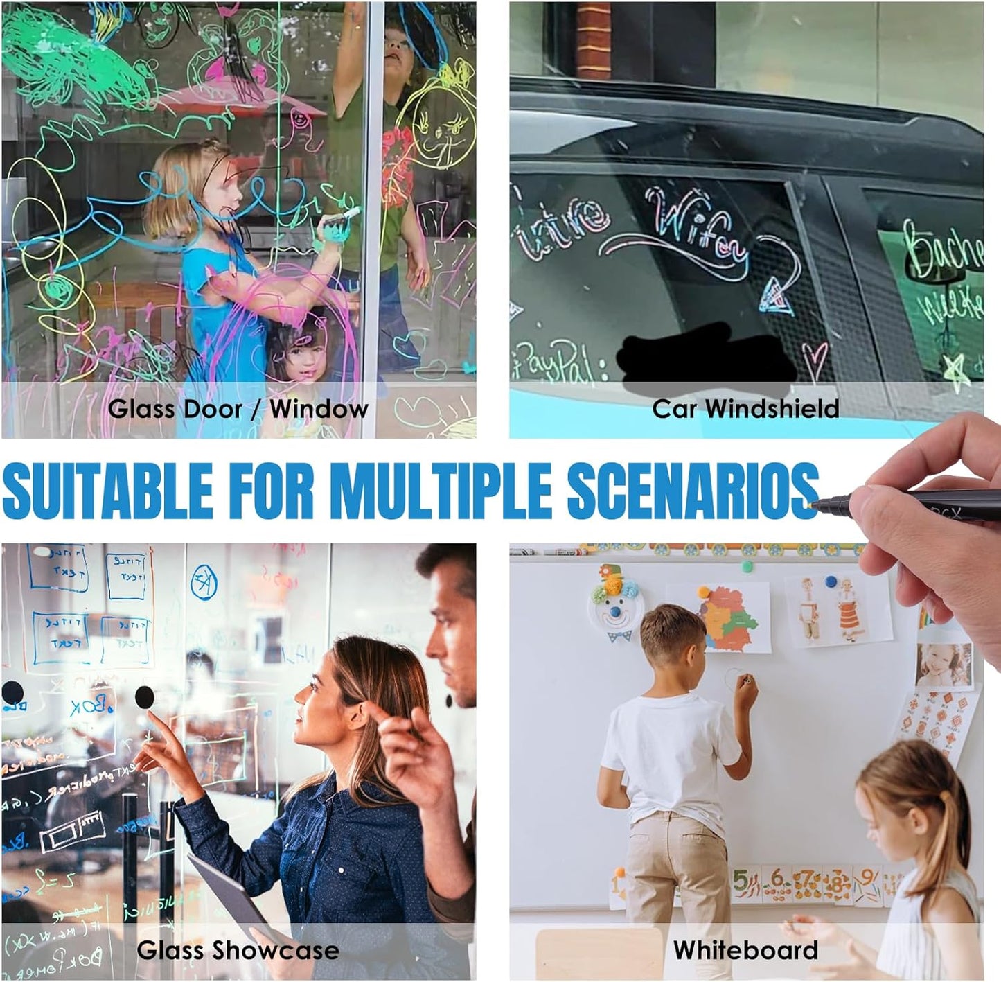 8 Dry erase markers,Bright colors can be clearly seen on light and dark backgrounds,Suitable for writing on acrylic calendars, magnetic whiteboards, dry erase boards,Pen cap with magnetic and eraser