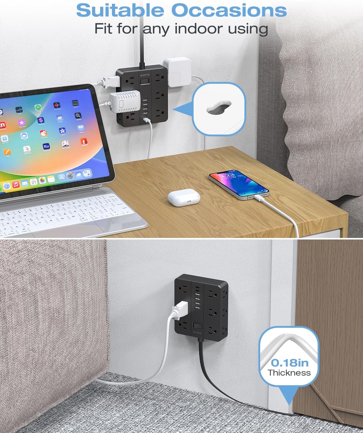 20FT Surge Protector Power Strip,12 AC Outlets with 6 USB Ports (2 USB-C), Flat Plug Extension Cord with Multiple Outlets, Wall Mount for Home Office,Dorm,Black