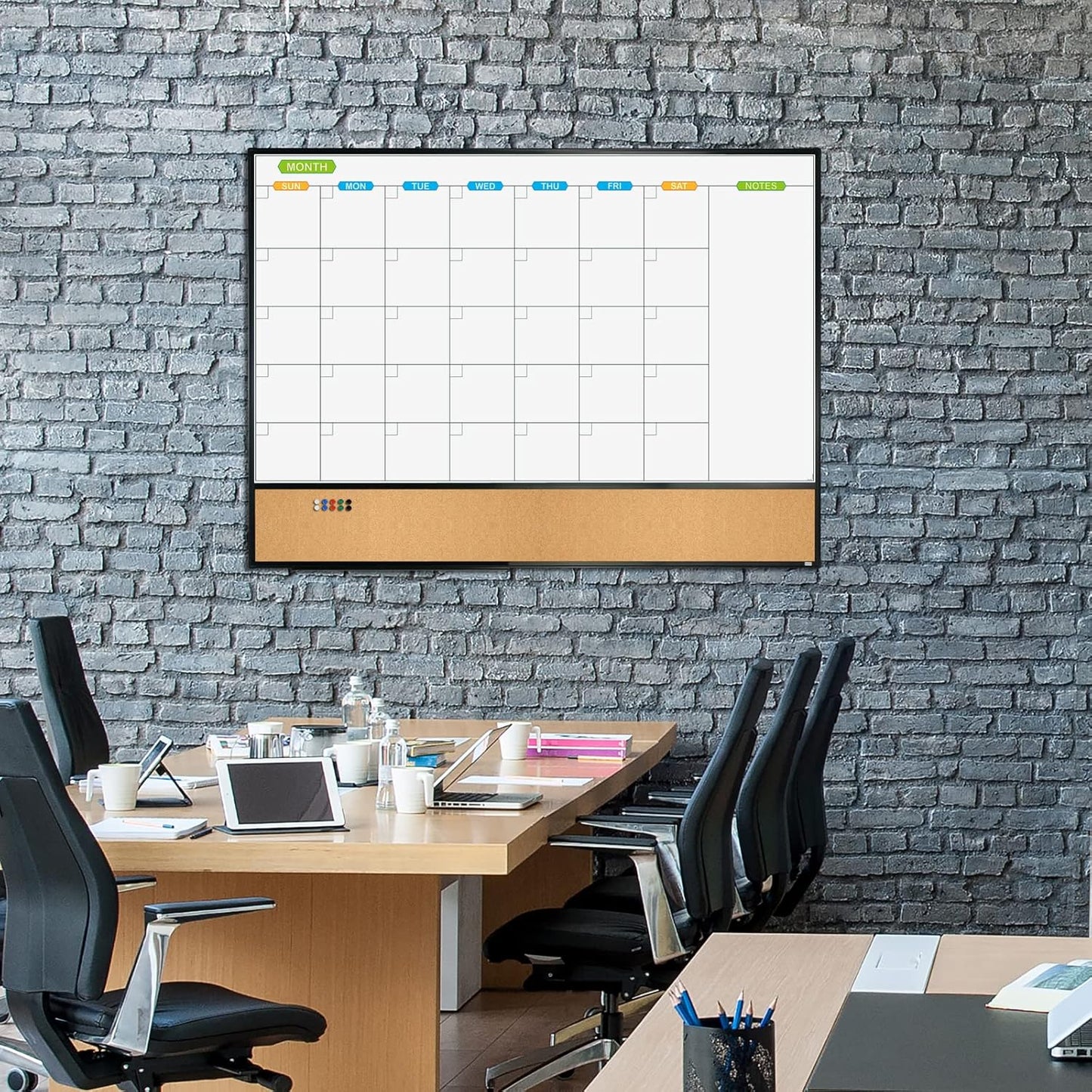 JILoffice Magnetic Calendar Whiteboard & Bulletin Corkboard Combination, Combo Board 48 x 36 Inch, Black Aluminum Frame Wall Mounted Board for Office Home and School with 10 Push Pins