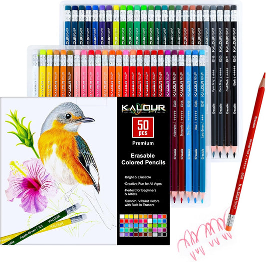 KALOUR 50 Colors Erasable Colored Pencils Set - Easy to Erase, Vibrant and Smooth Coloring Pencils with Erasers - Ideal for Drawing, Sketching, and Coloring Books -Perfect for Adults Beginners Artists