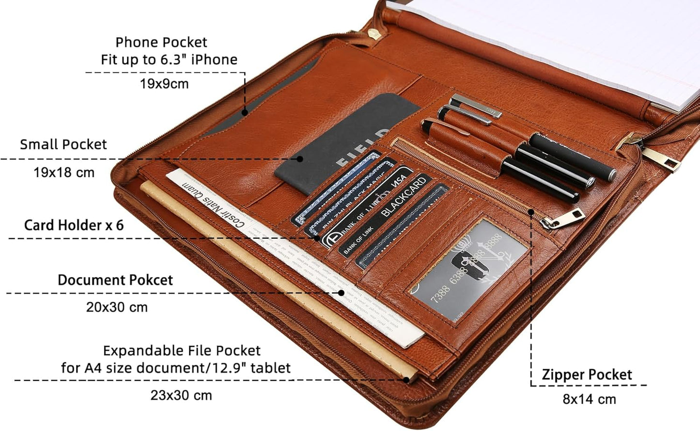 Handmade Genuine Leather Portfolio Organizer for IPad/Document, Business Padfolio with A4 Leather Notepad Holder, Leather Compact Folder Conference Portfolio for Men and Women, Oil-Brown