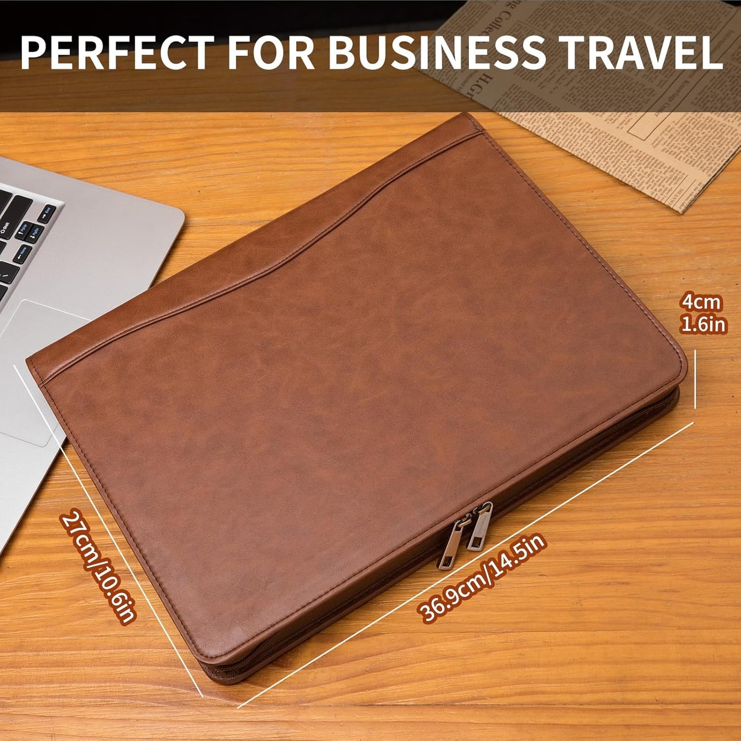 Personalized Vegan Leather Portfolio, Legal Size 8.5 x 14 Pad Holder, Custom Business Padfolio for Men Women, Zippered Laptop Organizer, Professional Notepad Folio, Brown