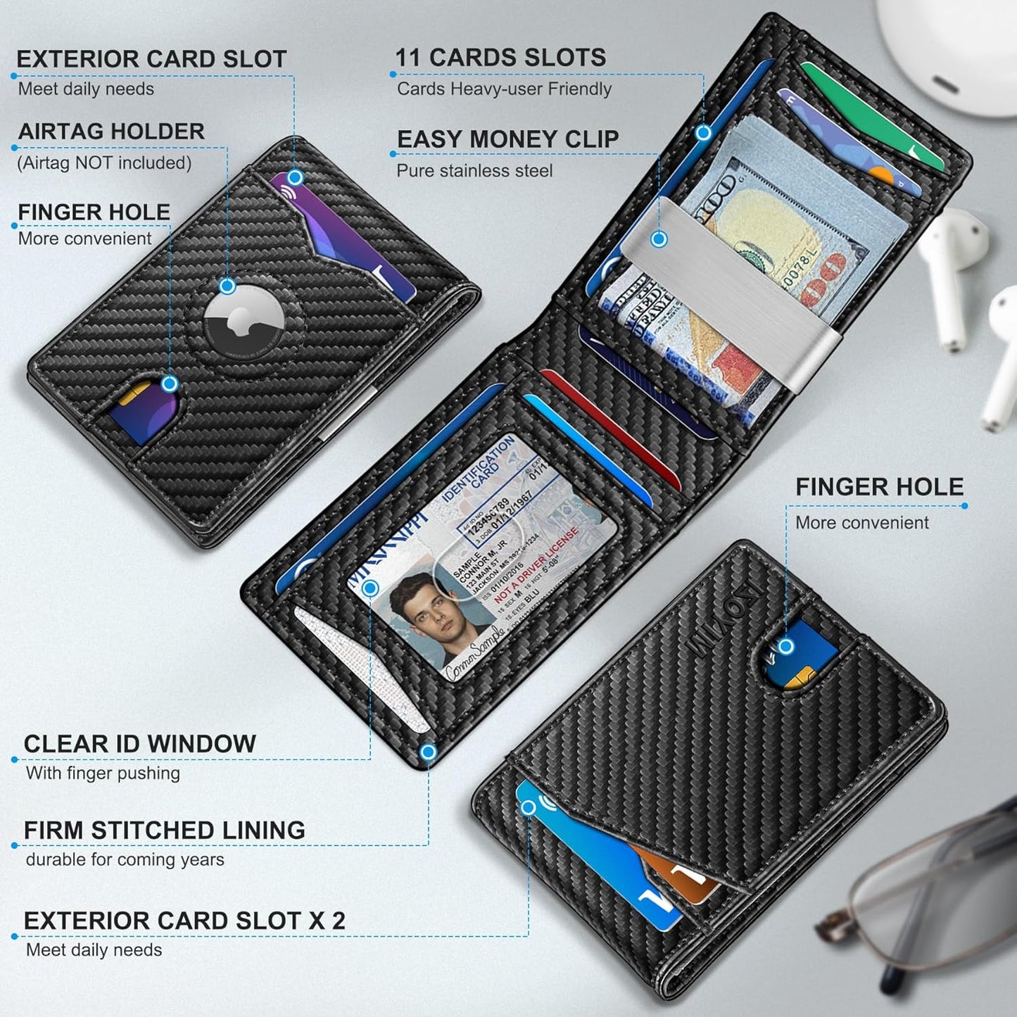 Airtag Wallet for Men,with Money Clip 11 Cards Slim Front Pocket Leather RFID Blocking Wallet with Gift Box