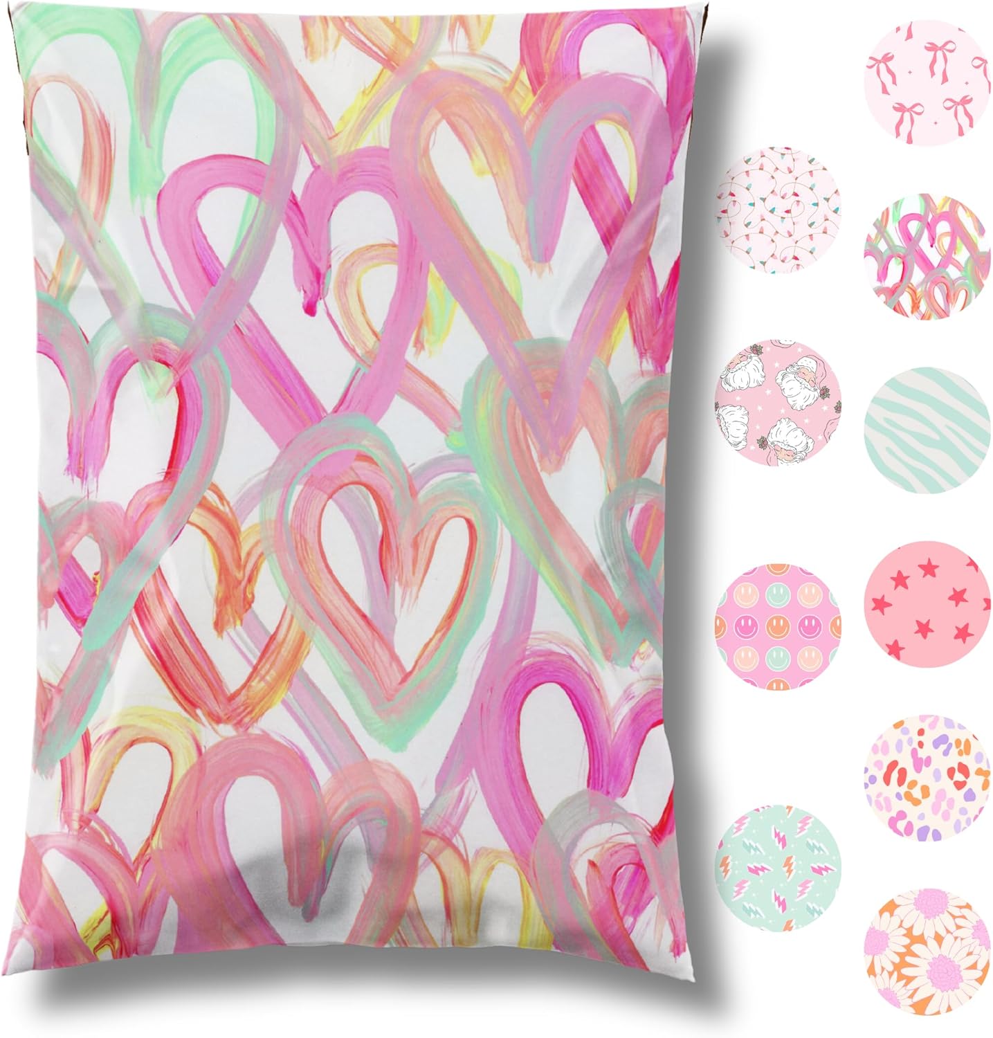 10x13 Designer Poly Mailer 100 Pack Heavy Duty Waterproof Self Seal Shipping Bags for Small Business Large Mailing Envelopes Bulk Tear Resistant Cute Packaging Happy Hearts