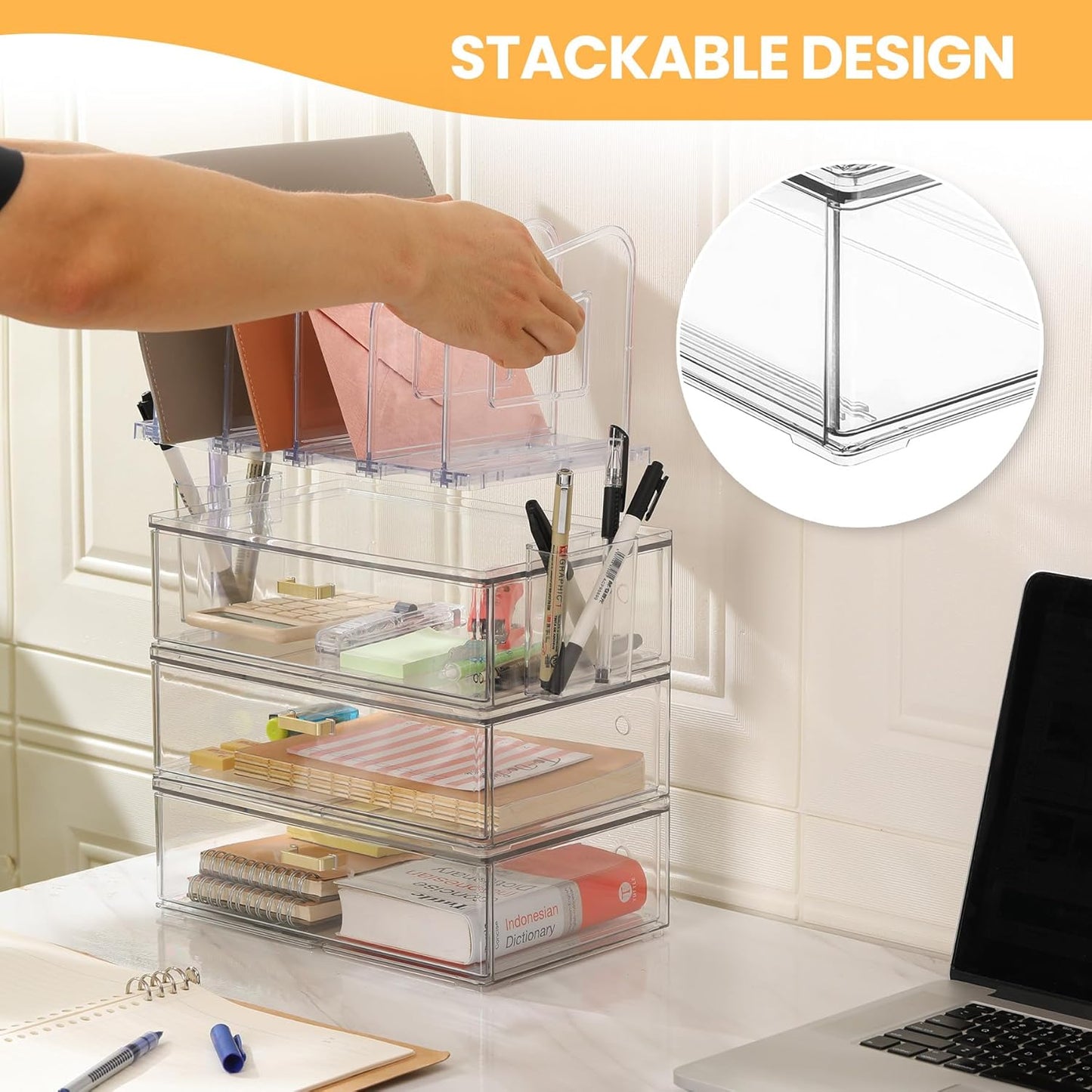 Acrylic Desk Organizer Set, 3 Pack Stackable Desktop Drawer Organizer with 4 Vertical File Holders and 2 Pen Holders, Desk Organizers and Accessories for Home Office Storage