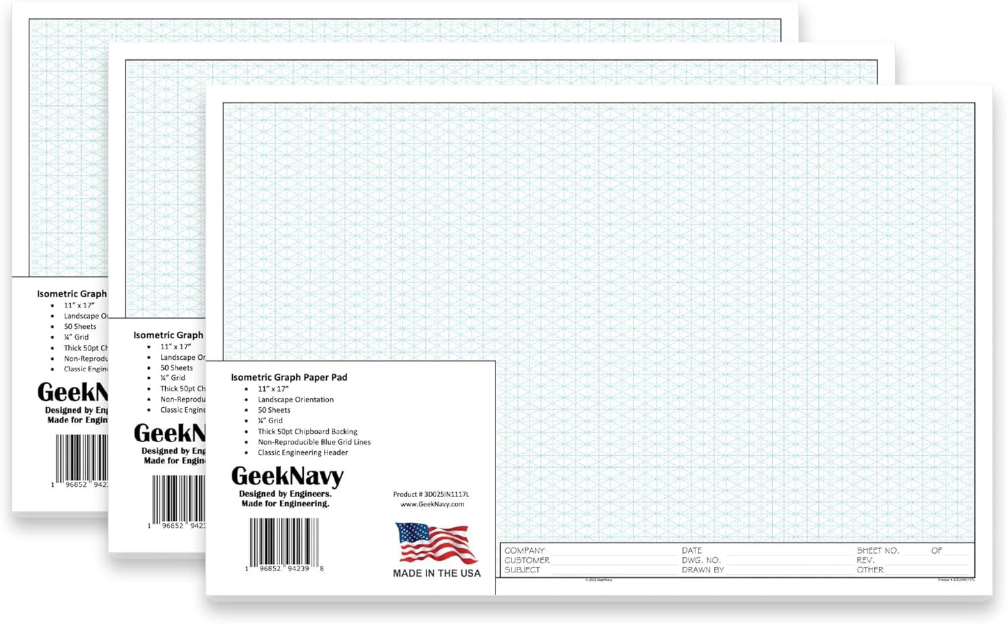 11" x 17" Isometric Graph Paper 50 Sheets Landscape - 0.25" Grid, Non-photo Blue, High Brightness, Drafting, Engineering, Art, 3D Design (3-Pack)