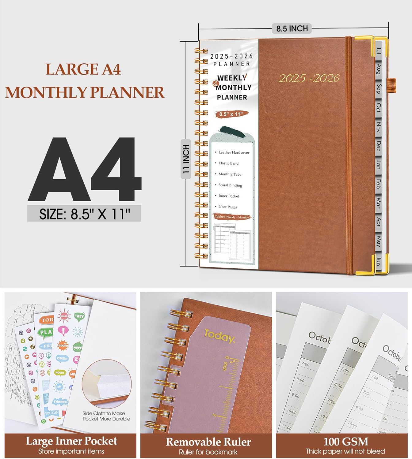 Academic Planner 2025-2026, Weekly and Monthly Calendar Planner from July 2025 - June 2026, 8.5" x 11" Hardcover Leather Hourly Appointment Book with Tabs, Spiral Daily Planners for College School Teacher Student, Brown