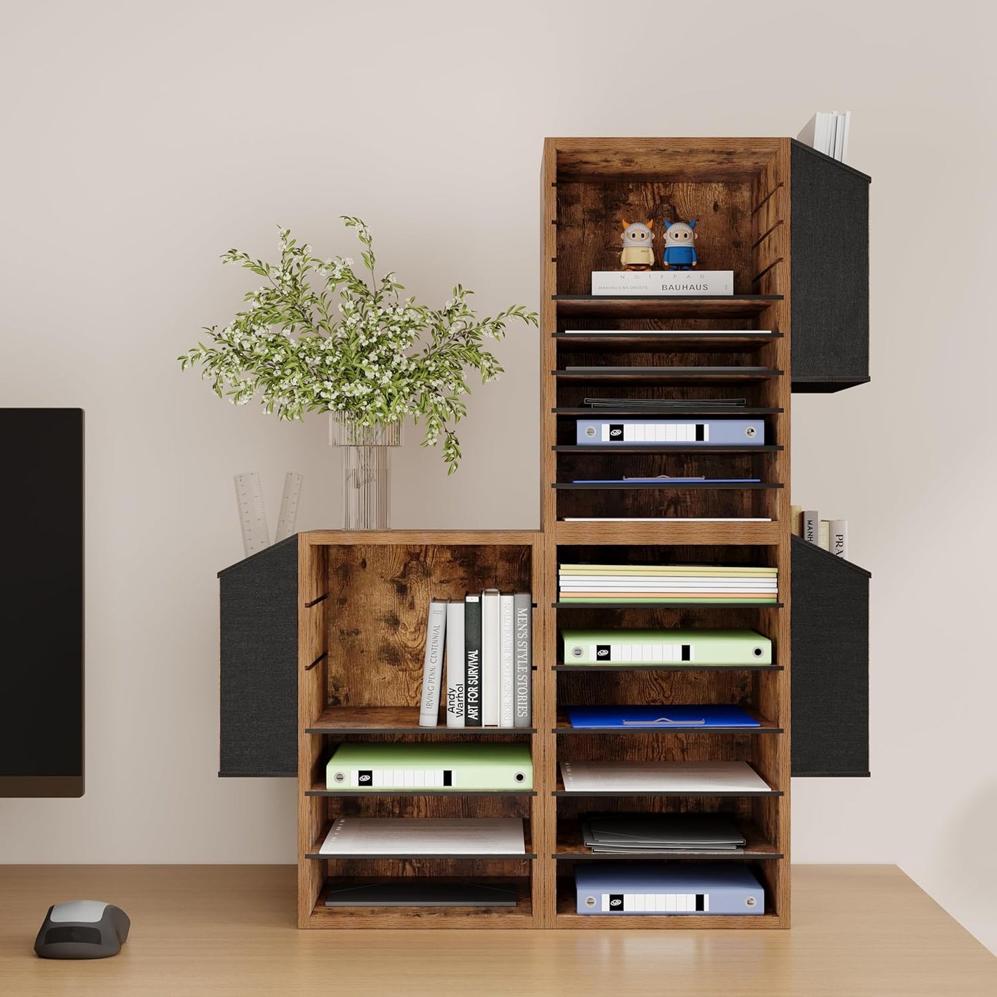 6 Tier Adjustable Countertop Mail Sorter, Mailboxes With Name Slots, Literature Organization Paper Storage Slot, Office Desk File Organizer, Wooden Desktop Mailbox for Classroom, Rustic Brown