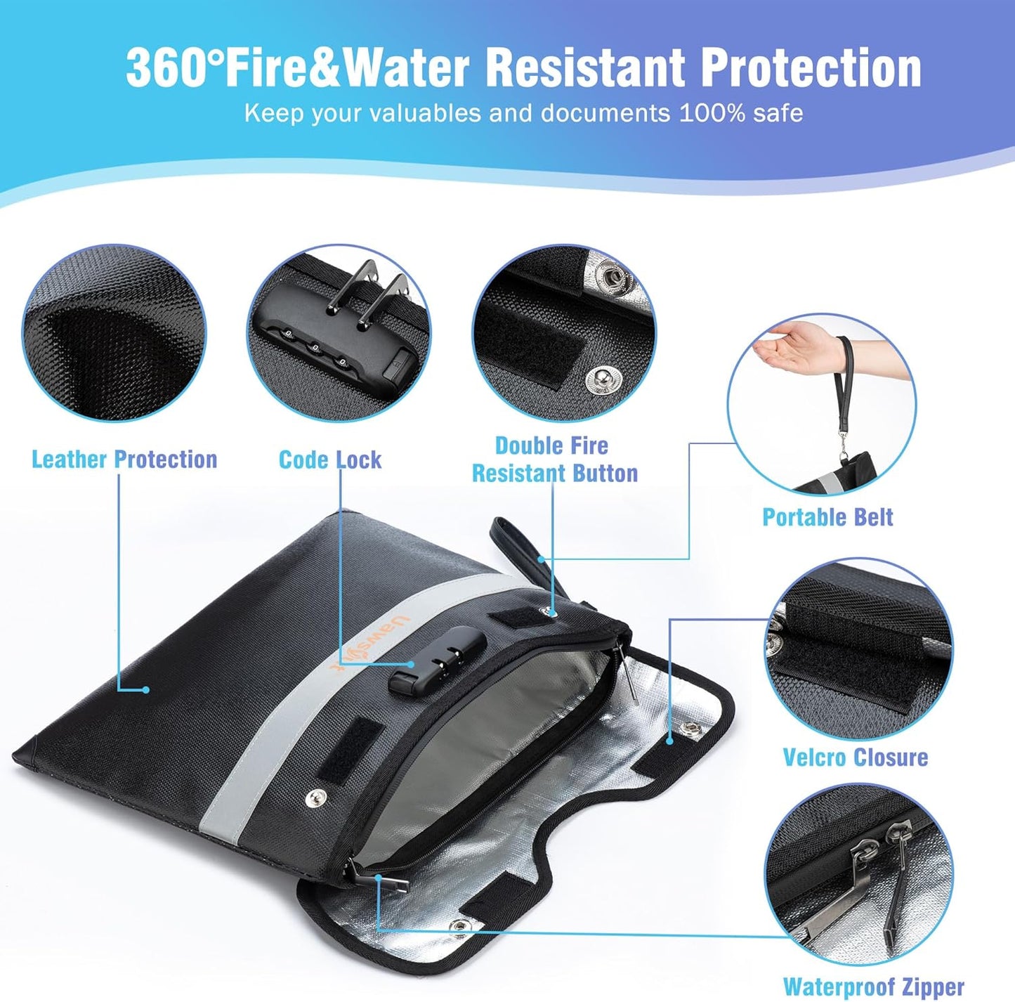 5200℉ Fireproof Document Bag with Lock, Portable Money Bag with Zipper Closure, Waterproof Envelope with Reflective Strip for A4 Letter, Tablet, Valuables, Cash and Passport(14.3"x11.2", Black)