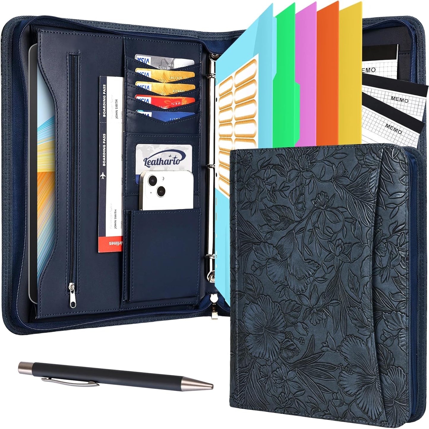 Leathario Portfolio Binder, Includes 5 Folder Index Dividers and 3 Notepads, 3-Ring Folder Organizer, Padfolio with Zipper, Vegan Leather Tablet Sleeve, Business Office Conference Clipboards