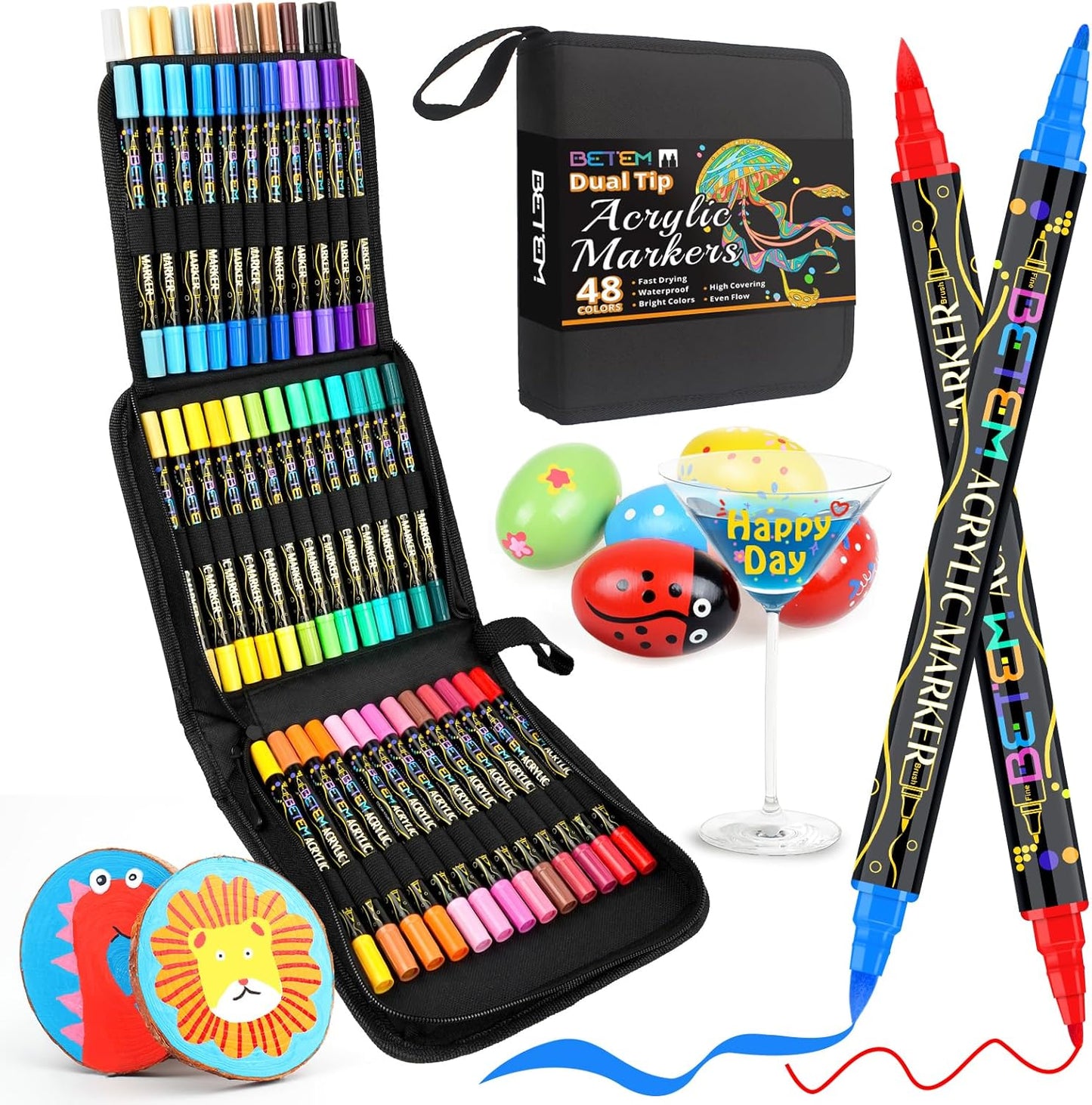 Betem Paint Markers Acrylic Paint Pens, Dual Tip 48 Colors Acrylic Markers with Brush Tip and Fine Point, Art Supplies for Wood, Canvas, Stone, Glass, Rock Painting Kit DIY Crafts Drawing Kit with Bag