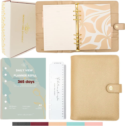Bossy Girl Journey - A5 Daily Planner Binder – Undated Time Blocking Refillable Organizer for Women with 110gsm Paper, PU Leather Cover, Stickers, Dividers, Pen Loop, Gift Box – Goal Setting & Productivity (Gold)
