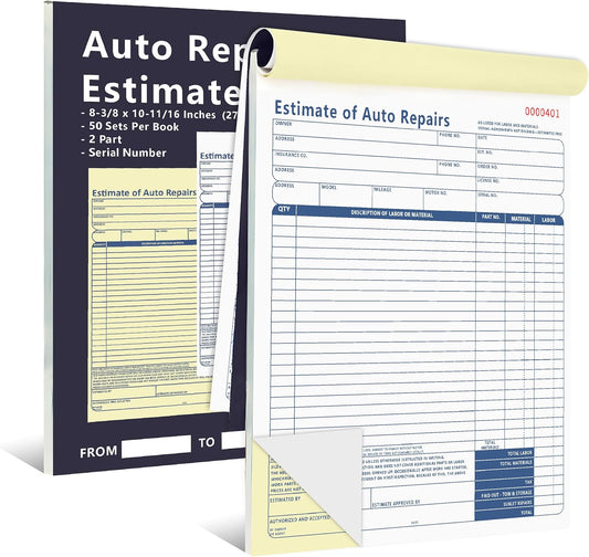 2 Pcs Auto Repair Estimate Book 50 Sets 2-Part Carbonless Duplicate 8-3/8 x 10-11/16 Inches Repair Estimate Book for Auto Repair Shops and Independent Mechanics (2)