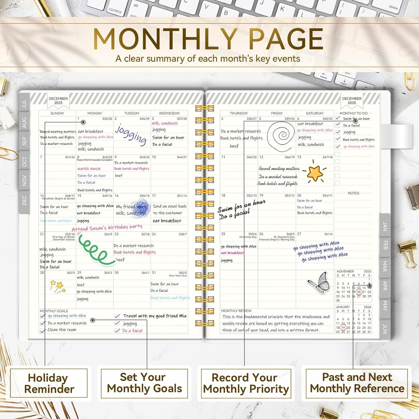 Academic Planner 2025-2026, Weekly and Monthly Planners for Women, Jul.2025 - Jun.2026, AIMPEAK Daily Calendar Planner for Teacher & Student, Monthly Tabs, White Marble, 7"x10"