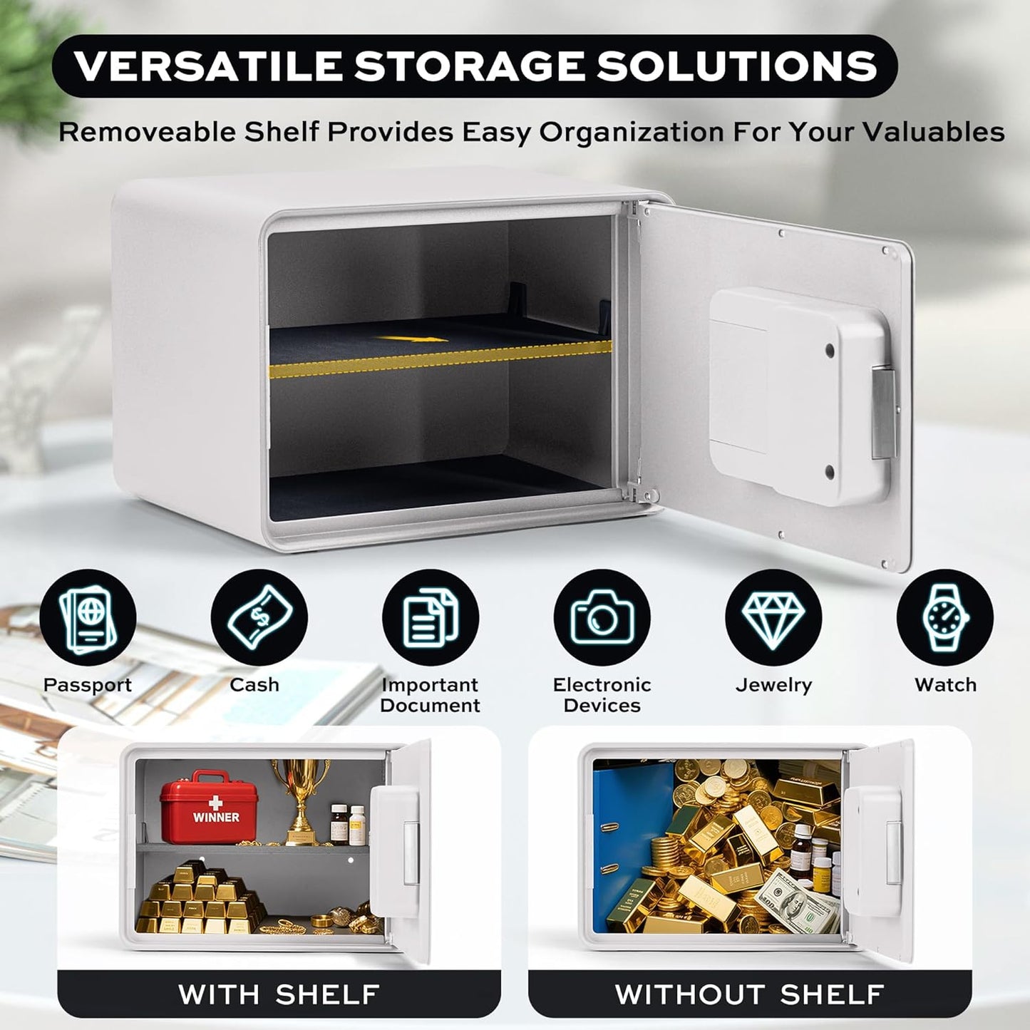 Biometric Safe for Home, 0.6 Cube Feet Auto-Open Fingerprint Safe with Touch Screen, Alarm System & Removable Shelf, Small Money Box for Cash, Jewelry, Documents, Home Office Use,White