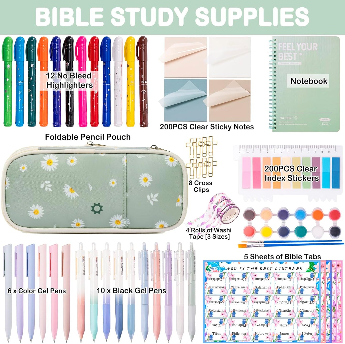 Bible Study Supplies for Women & Journaling Kit - Pencil Case, 12 Colored Highlighters No Bleed, 75 Index Bible Tabs, A5 Notebook, 16 Gel Pens & 4 Transparent Notes - Christian Gifts, Green Daisies