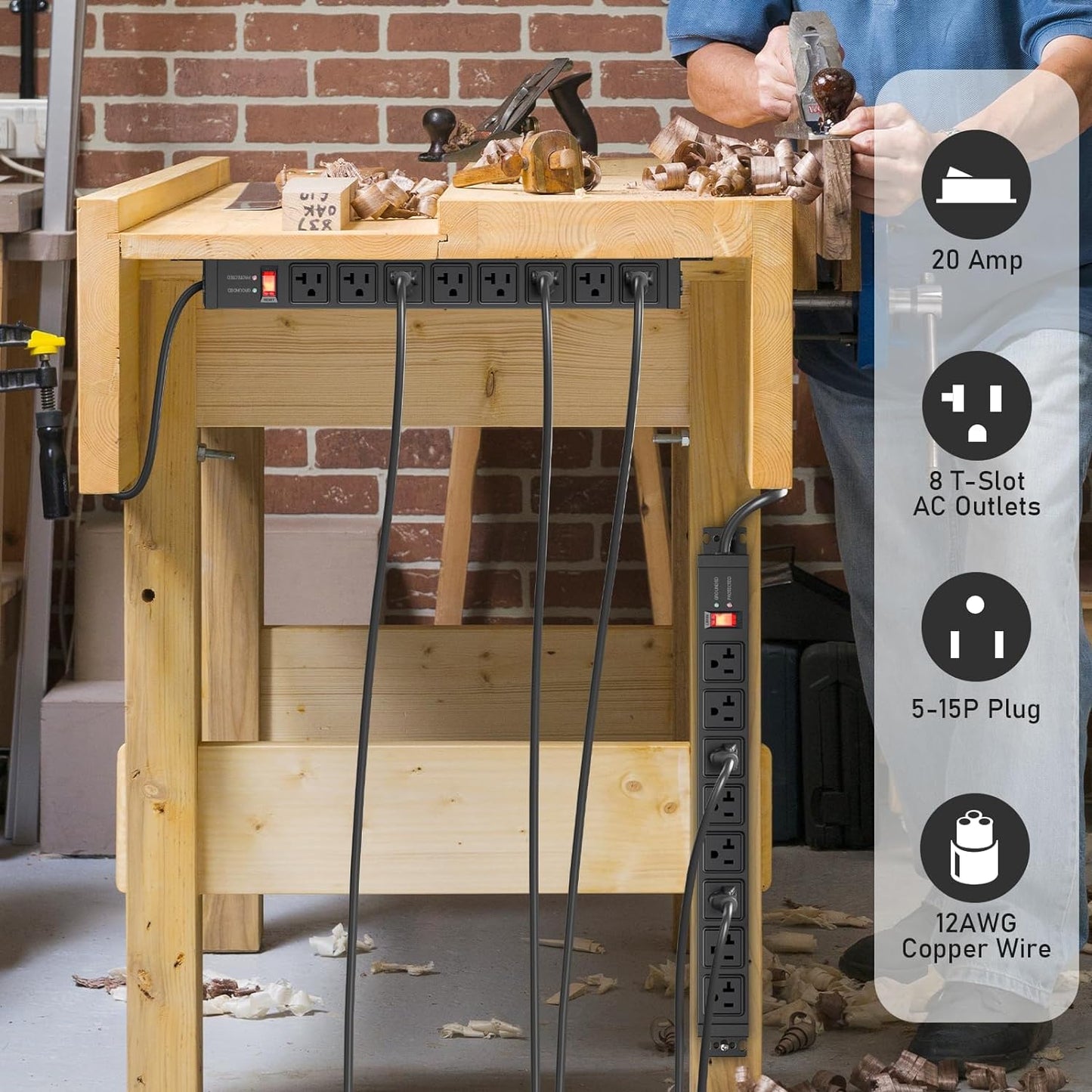 JUNNUJ 20 Amp Power Strip Surge Protector 4800J, Heavy Duty 8 Outlet Metal Multi Angle Mount, 20A Garage Power Strip Shop 6-20R T-Slot, 5-15P Plug 12 Gauge Extension Cord 10ft for Appliance