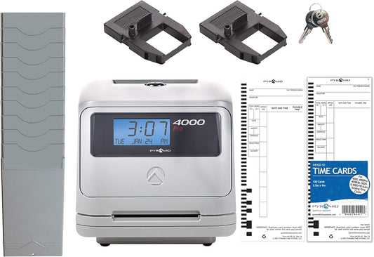 Pyramid Time Systems - Model 4000 Pro Auto Totaling Time Clock [ 4000PROK ] for Small Business, Bundle Includes: 125 Time Cards,2 Ink Ribbon cartridges, 1 Ten Time Card Rack, 2 Security Keys