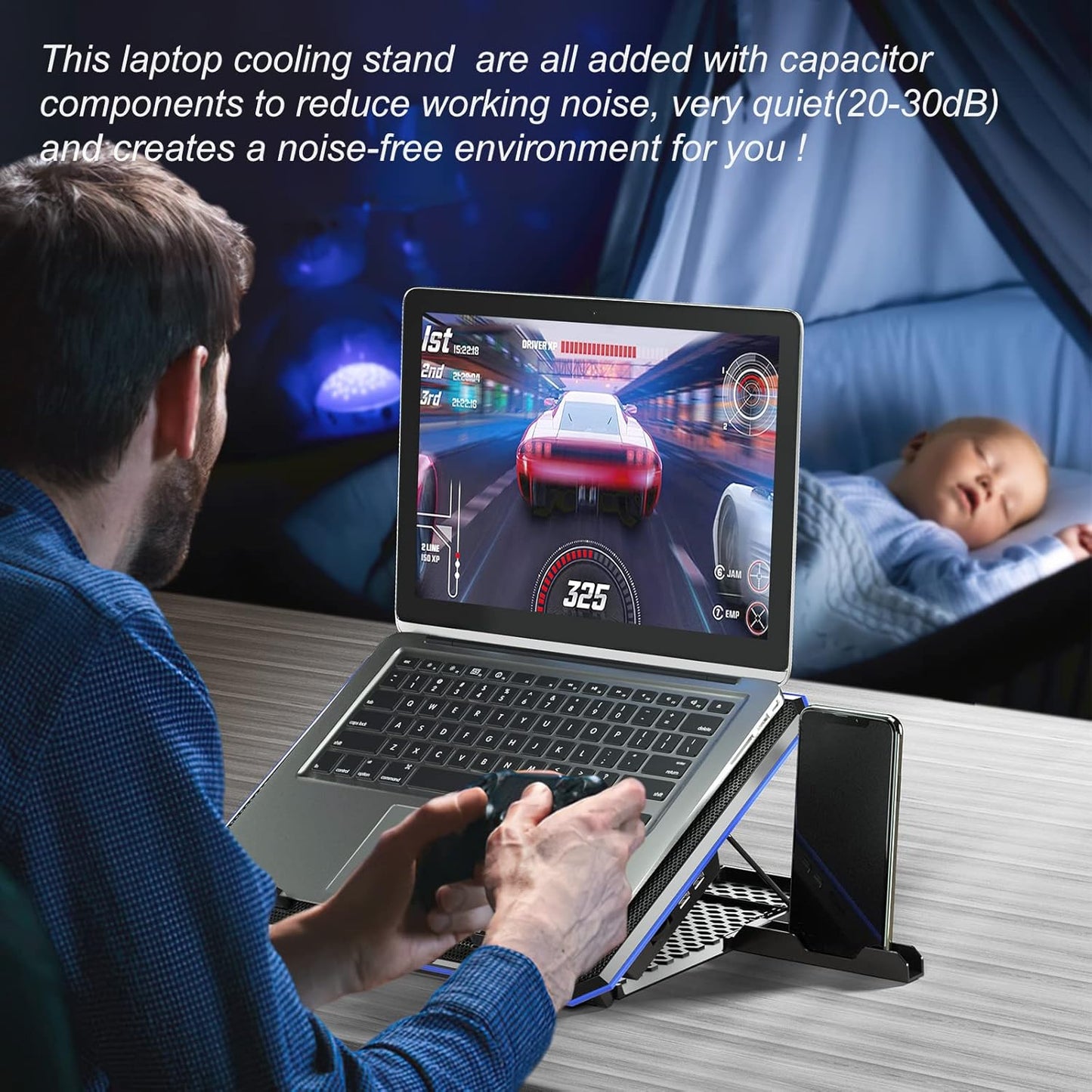 ICE COOREL Laptop Cooling Pad with 6 Cooling Fan, Laptop Cooler Fan with No Lights, Cooling pad for Laptop 15-17 Inches, Notebook Cooler Stand with 9 Height Adjustable, Cooler Pad for Lap or Desk Use