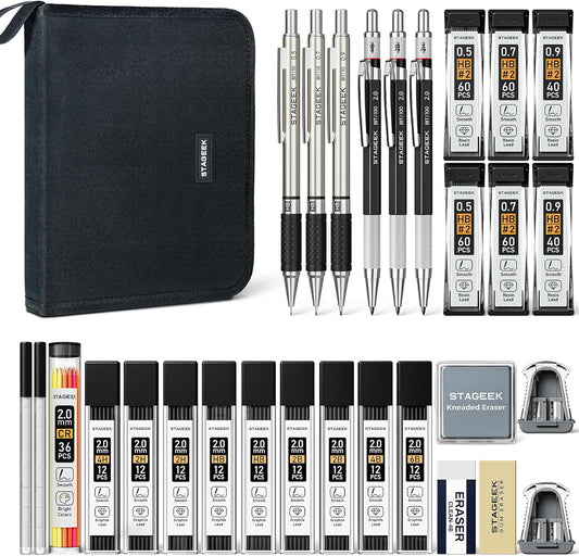 30PCS Mechanical Pencil Set with Canvas Bag, Drawing Pencils 0.5, 0.7, 0.9MM & 3PCS 2MM Sketching Pencil with 464PCS Leads (6B 4B 2B HB 2H 4H Color) for Artist Drafting Drawing Writing