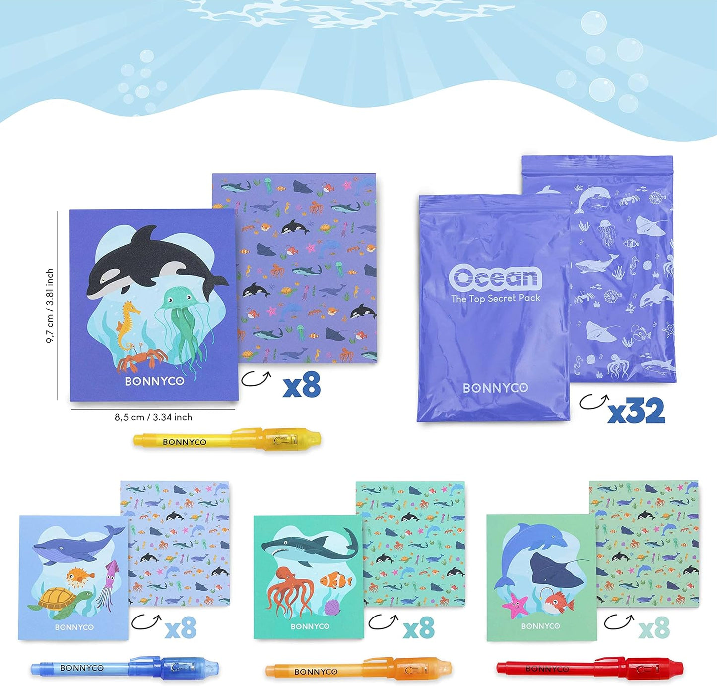 BONNYCO Invisible Ink Pen & Notebook Pack 32 Under the Sea Party Favors | Ocean Party Favors for Kids Goodie Bags Stuffers Pinata Stuffers Classroom Prizes Return Gifts for Kids Birthday Student Gifts