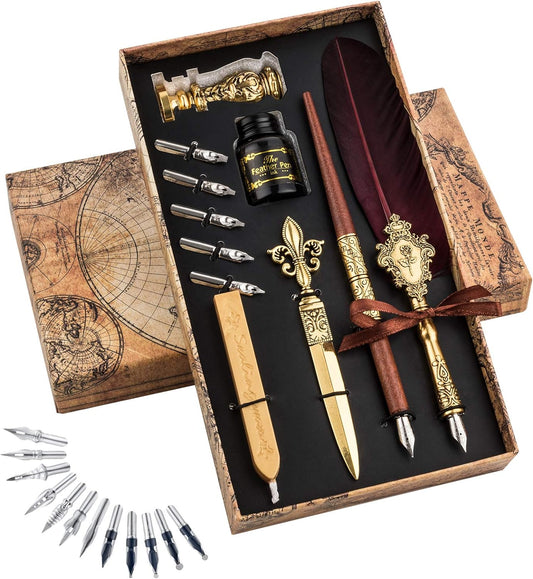 Hethrone Feather Pen and Ink Set - Quill Pens Calligraphy Pen Set Fountain Dip Pen