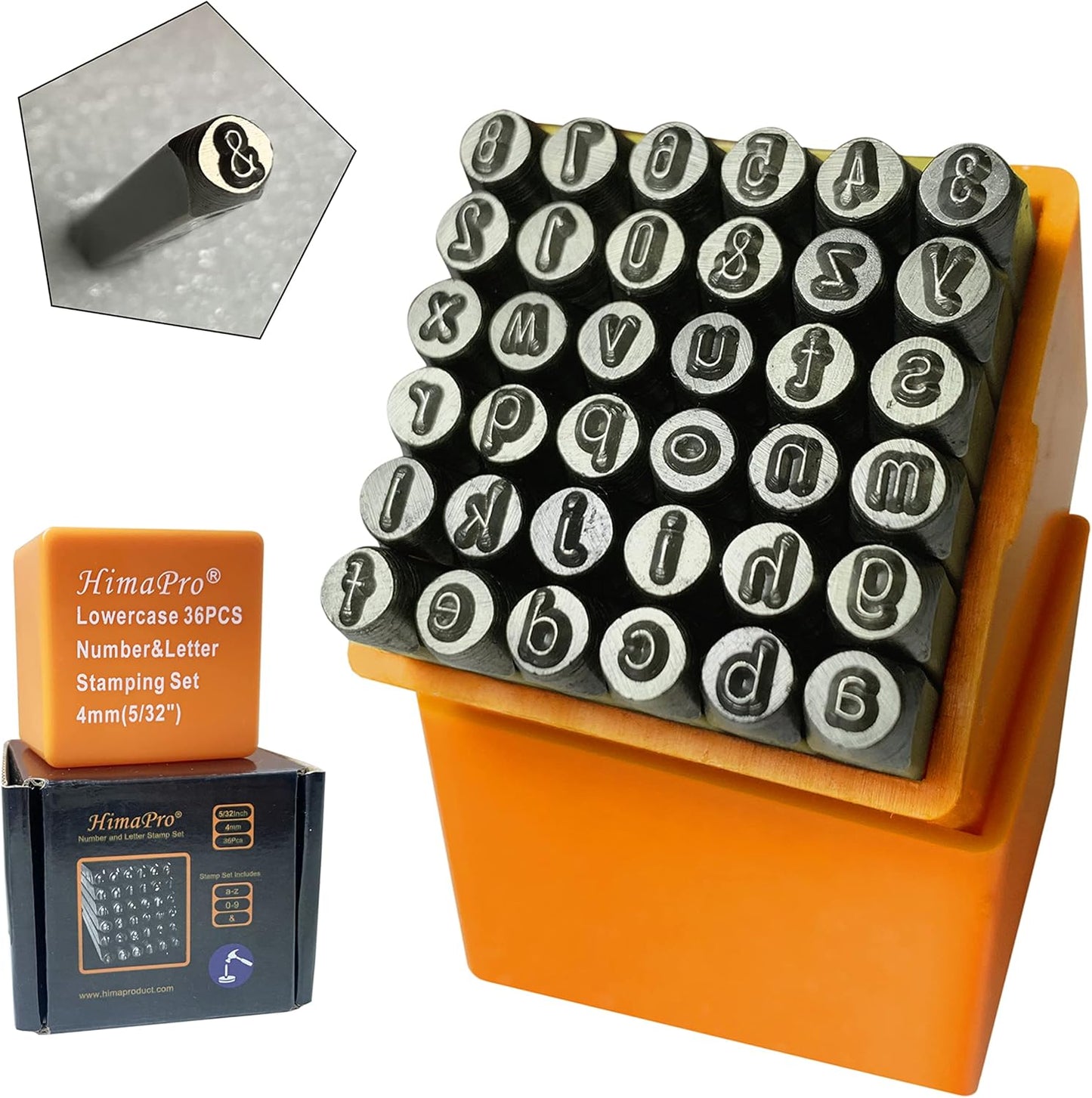 HimaPro Number and Letter Stamp Set 36 PCs Lowercase Industrial Grade Letters 'a'-'z', '&', '0'-'9' in a Plastic Box(4mm - 5/32 Inch)