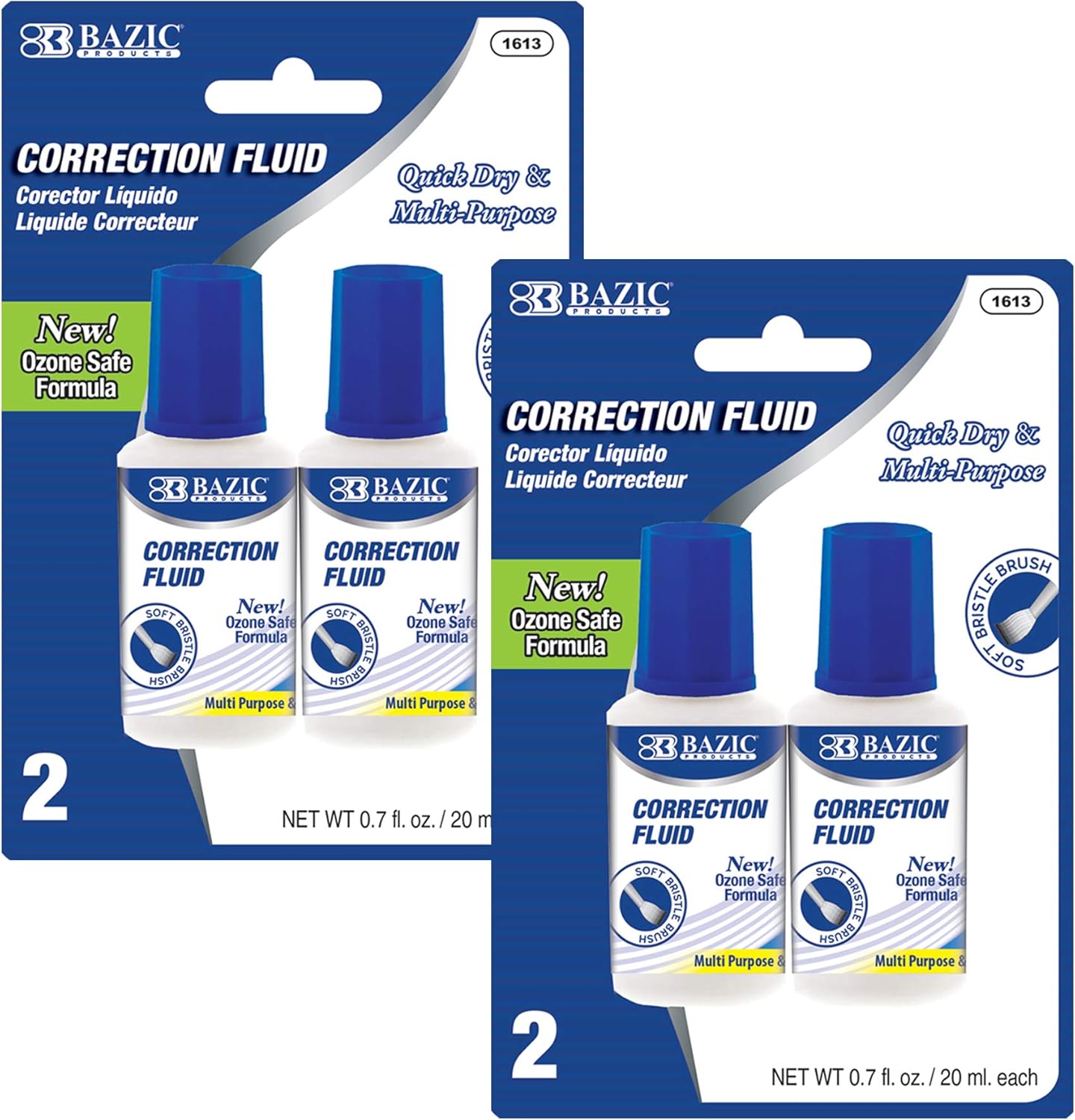 BAZIC Correction Fluid (0.7 oz / 20 ml), Soft Bristle Brush Applicator, Instant Corrections Pen White Out Wipe Out Liquid (2/Pack), 2-Packs