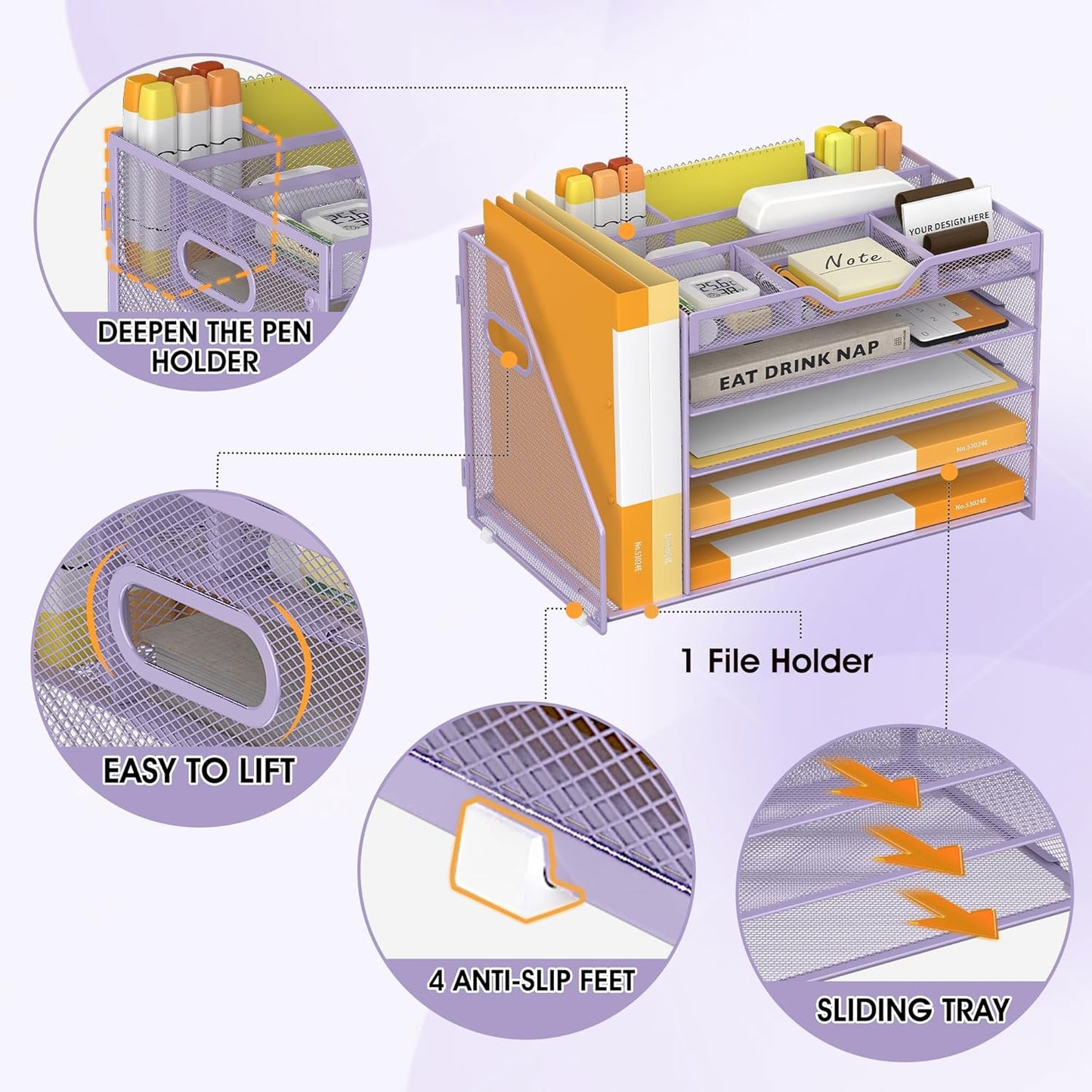 5 Tier Paper Letter Tray with File Holder and 3 Drop-in Pen Holders, Mesh Desk File Organizer with Handle, Desk Organizers and Accessories for School,Home, Office Supplies Storage-Purple
