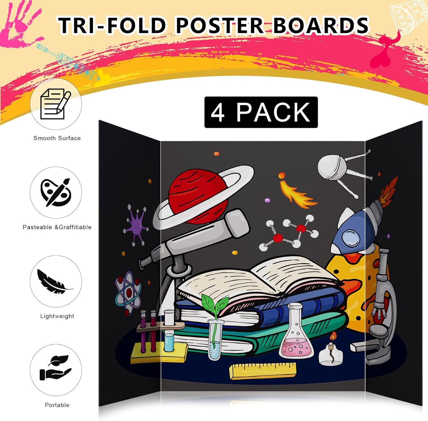 HAUTOCO 4 Pcs Medium Trifold Poster Board 26 x 15.74 inches Tri Fold Presentation Boards Black Corrugated Cardboard for Science Fair, School Project, Event Displays, Business