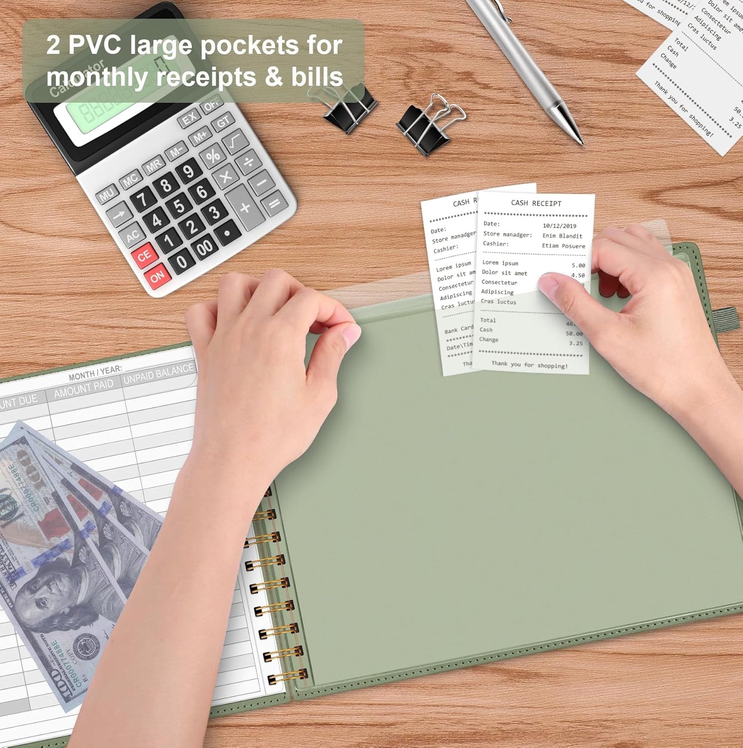 HAUTOCO Hardcover Bill Tracker Notebook Horizontal Monthly Bill Payment Organizer for Personal Budgeting Home Finance with 2 Storage Pocket Expense Checklist Tracking Planner 10.78 x 8'', Olive Green