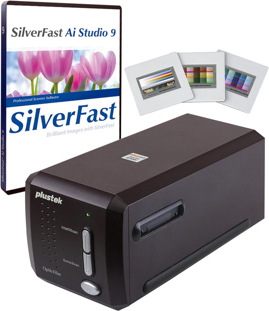 Plustek OpticFilm 8300i Ai Film Scanner - Converts 35mm Film & Slide into Digital, Bundle SilverFast Ai Studio 9 + QuickScan Plus, Include Advanced IT8 Calibration Target (3 Slide)
