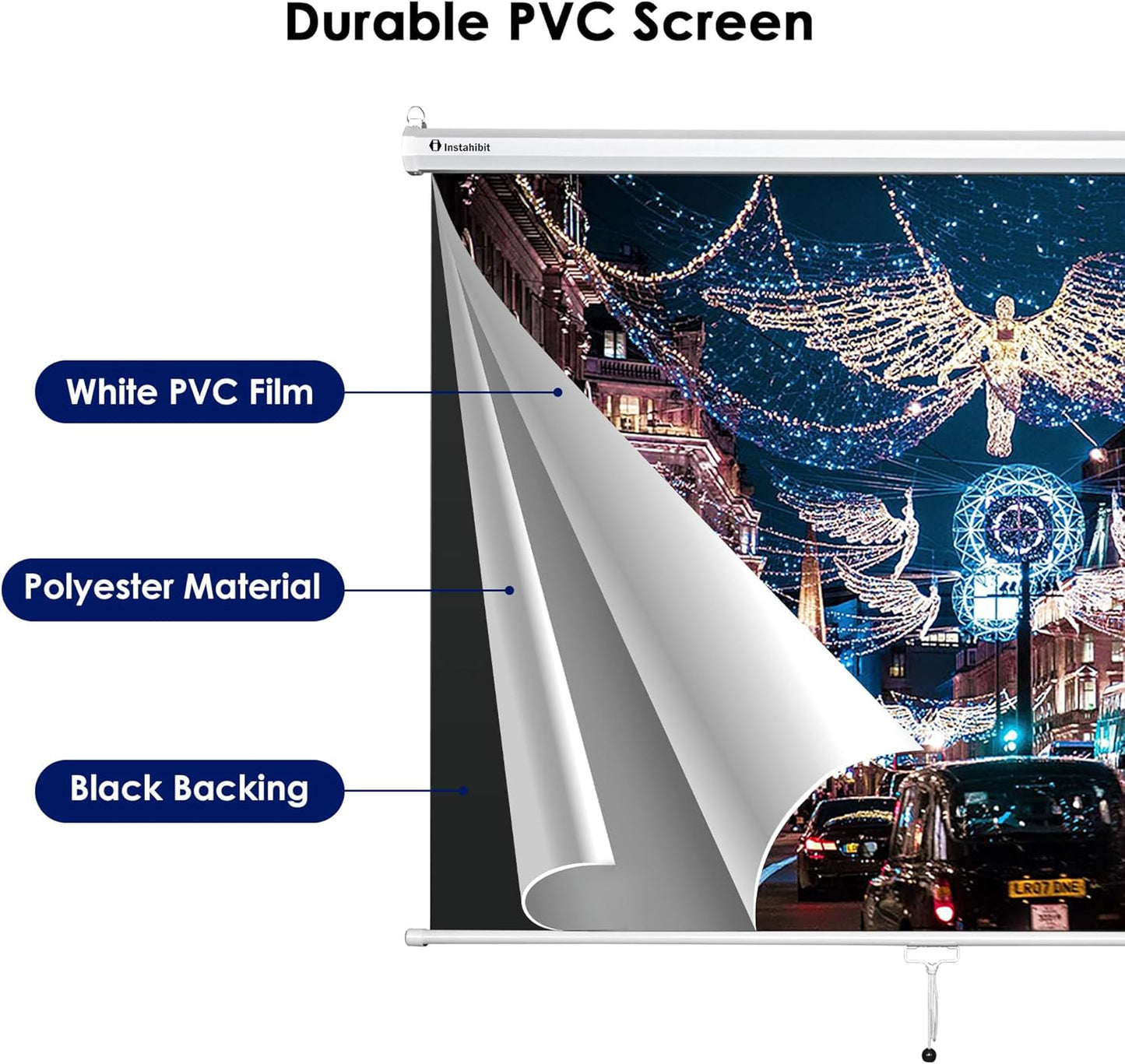 72" Projection Screen Pull Down 4:3 4K HD Manual Retractable Projector Screen with Auto-Locking Wall Mounted Home Theater Indoor Outdoor Movie Night 57" x 43" Matte White