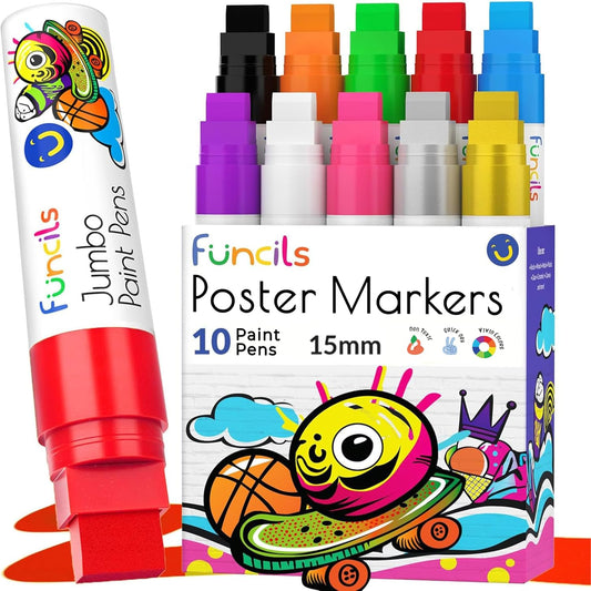 10 Jumbo Acrylic Paint Markers - 15mm Fat Acrylic Paint Pens for Canvas, Rock Painting, Wood, Plastic, Glass - Large Thick Permanent Pens for Signs, Board, Calligraphy, Poster Markers